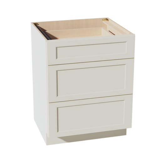 DB27-SSAW  Base Cabinet 3 Drawers - Shaker Style - Swan White   24"W x 34-1/2"H x 24"D
