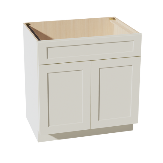 SB33-SSAW  Sink Base Cabinet 2 Door 2 False Drawer  - Shaker Style - Swan White   30"W x 34-1/2"H x 24"D