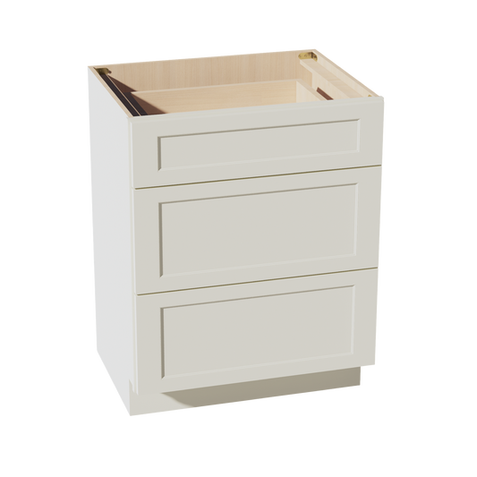 VDB2721-SSAW: Shaker Swan White 27"W x 34-1/2"H x 21"D  3 Drawers Vanity Base Cabinets