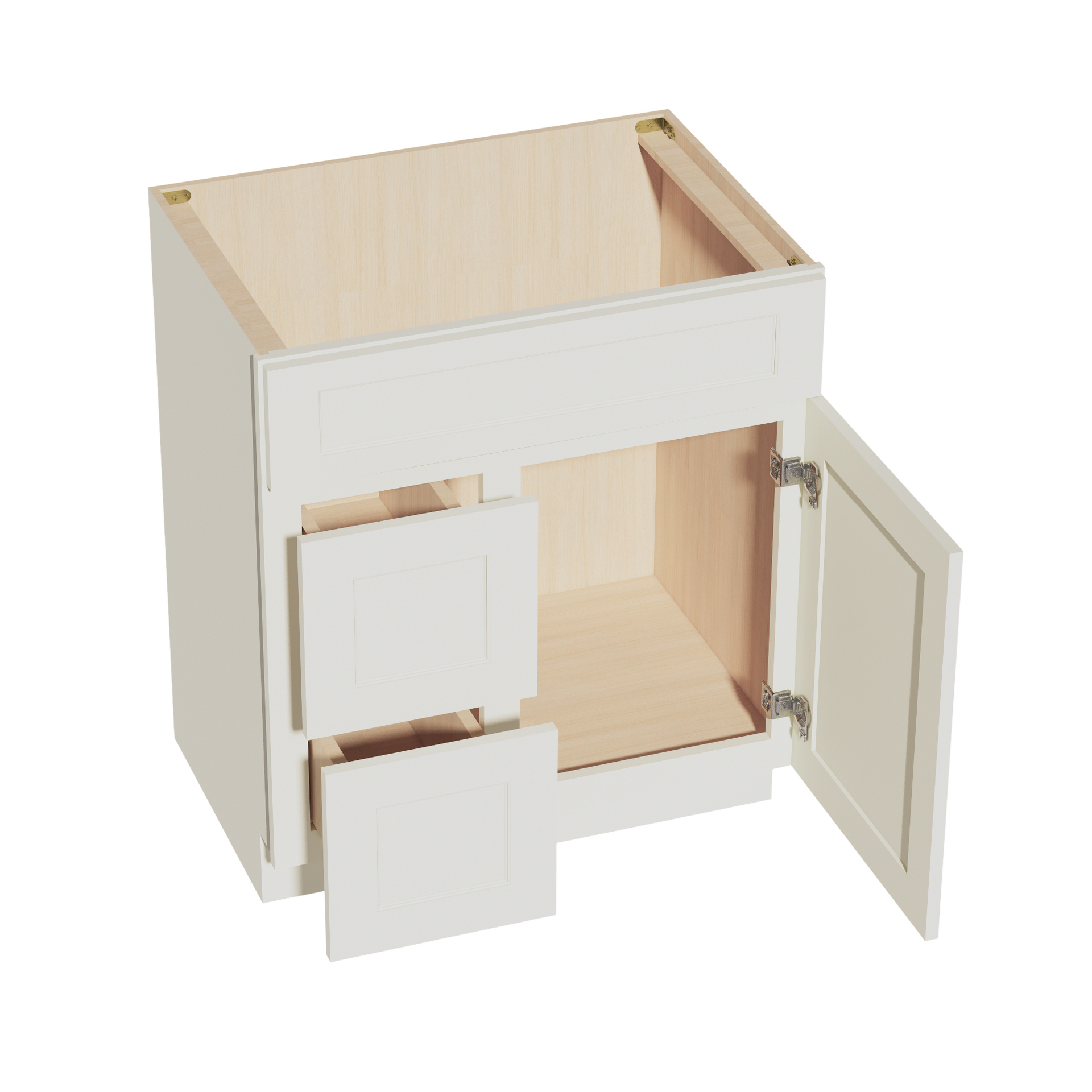 VSD3021L-SSAW  Vanity Sink Base 2 Doors & 2 Left Drawers Offset - Shaker Style - Swan White   36"W x 34-1/2"H x 21"D