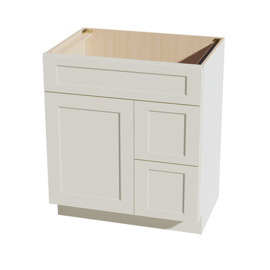 VSD3021R-SSAW  Vanity Sink Base 2 Doors & 2 Right Drawers Offset - Shaker Style - Swan White   30"W x 34-1/2"H x 21"D