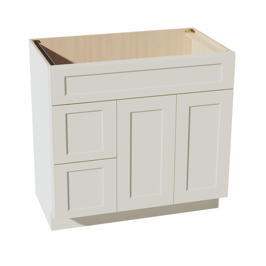 VSD3621L-SSAW  Vanity Sink Base 2 Doors & 2 Left Drawers Offset - Shaker Style - Swan White   30"W x 34-1/2"H x 21"D