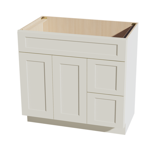 VSD3621R-SSAW  Vanity Sink Base 2 Doors & 2 Right Drawers Offset - Shaker Style - Swan White   36"W x 34-1/2"H x 21"D