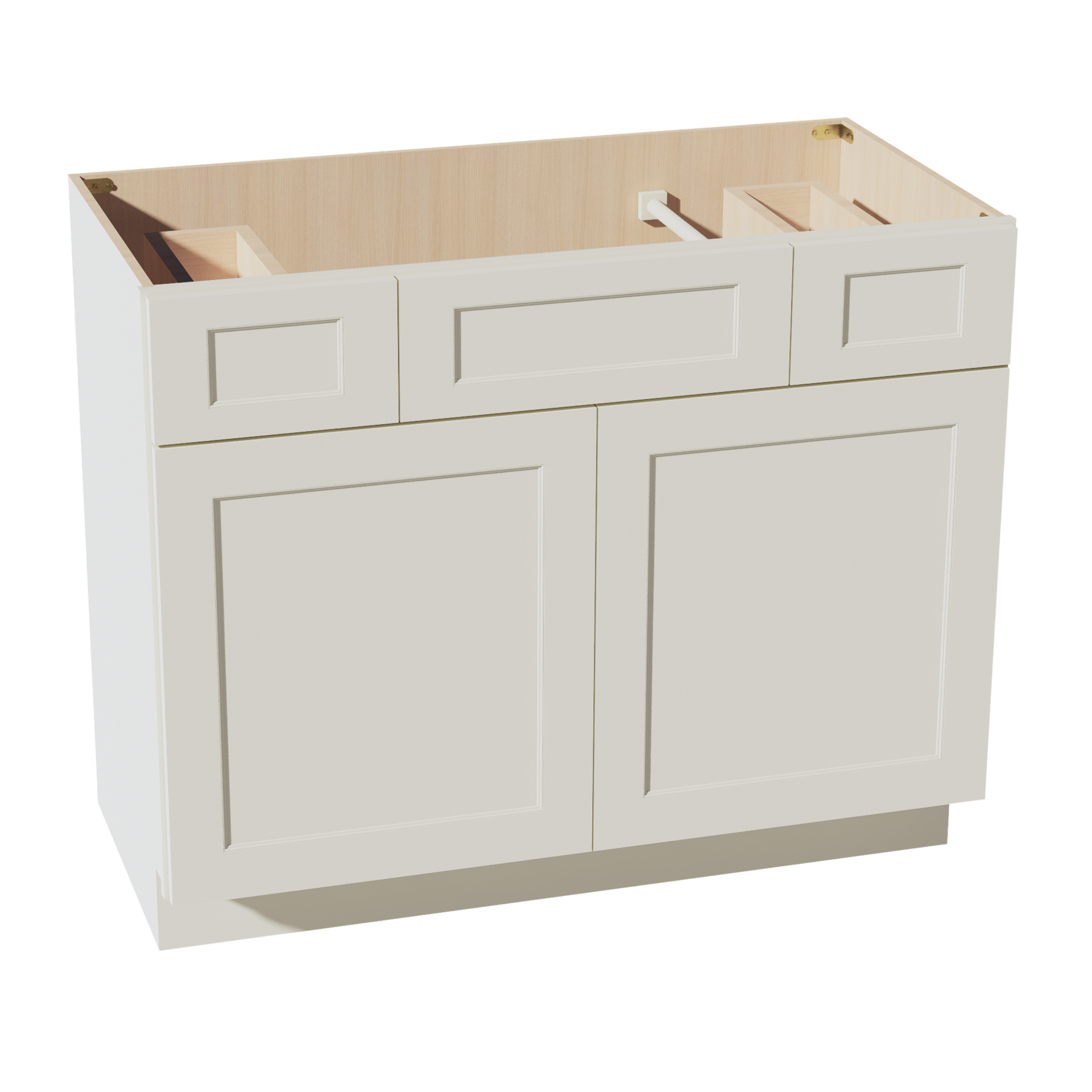 VSD4221-SSAW: Shaker Swan White  42"W x 34-1/2"H x 21"D 2 Doors, 2 Drawers & 1 False Drawer Centered Vanity Sink Base Cabinets