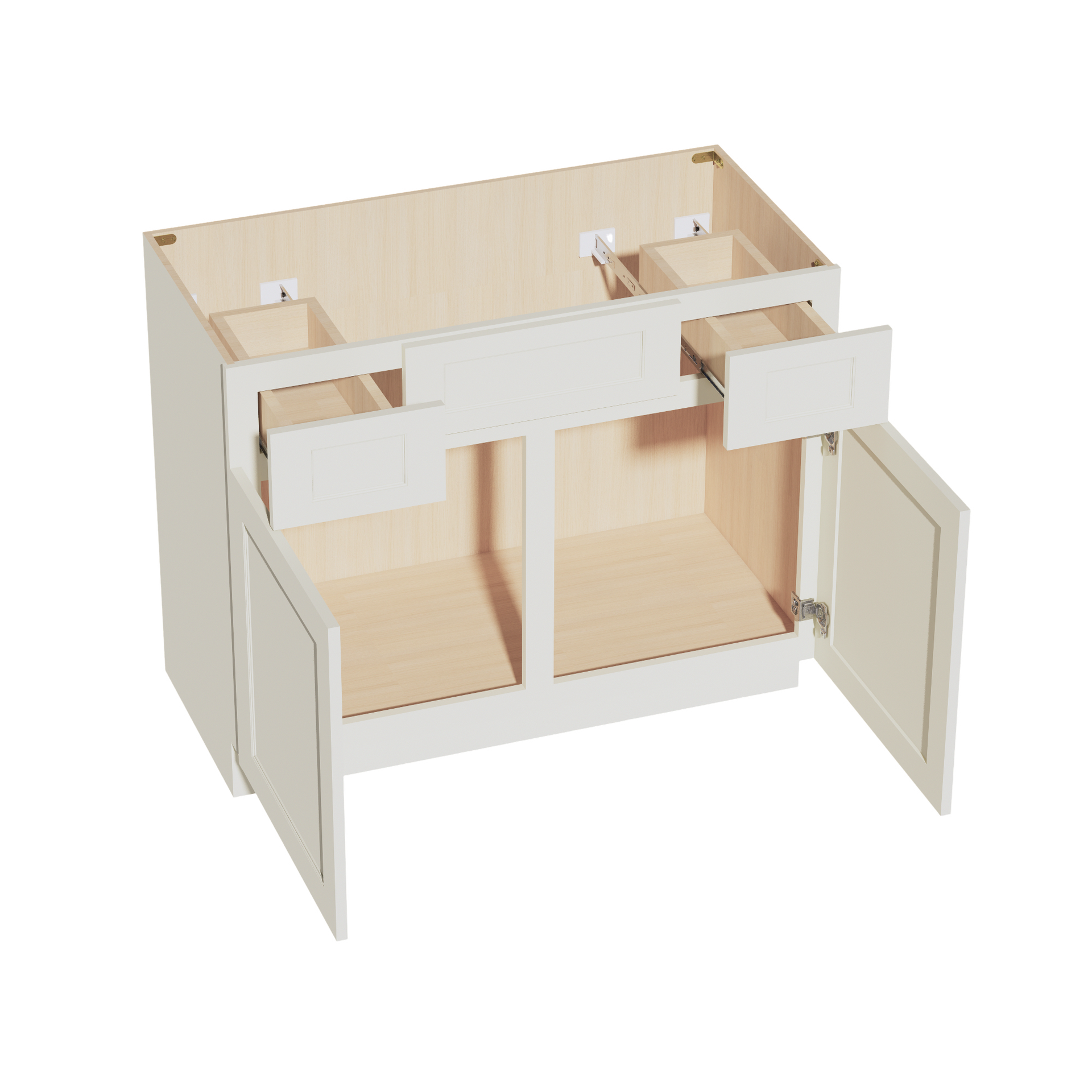 VSD4221-SSAW: Shaker Swan White  42"W x 34-1/2"H x 21"D 2 Doors, 2 Drawers & 1 False Drawer Centered Vanity Sink Base Cabinets