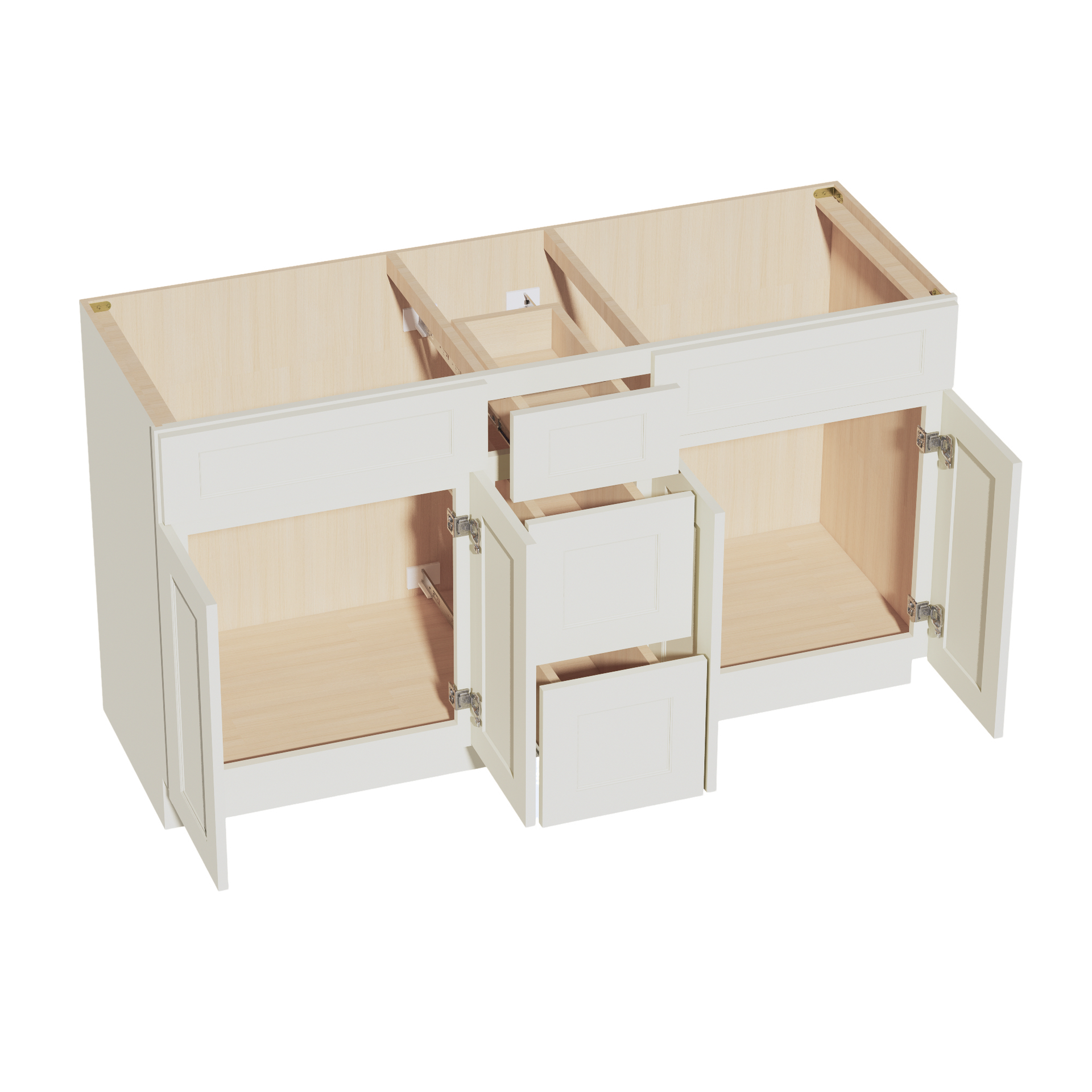 VSD60DOUBLEE-SSAW: Shaker Swan White 60"W x 34-1/2"H x 21"D 4 Doors, 3 Drawers & 2 False Drawers Double Sink Vanity Base Combo Cabinets