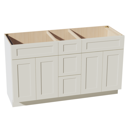 VSD60DOUBLE-SSAW  Vanity Sink Base Combo Cabinet  2 Doors 6 Drawers & 1 False Drawer Single Vanity - Shaker Style - Swan White   48"W x 34-1/2"H x 21"D