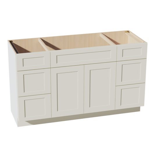 VSD60SINGLE-SSAW  Vanity Sink Base Combo Cabinet  4 Doors 3 Drawers & 2 False Drawers Single Vanity - Shaker Style - Swan White   60"W x 34-1/2"H x 21"D
