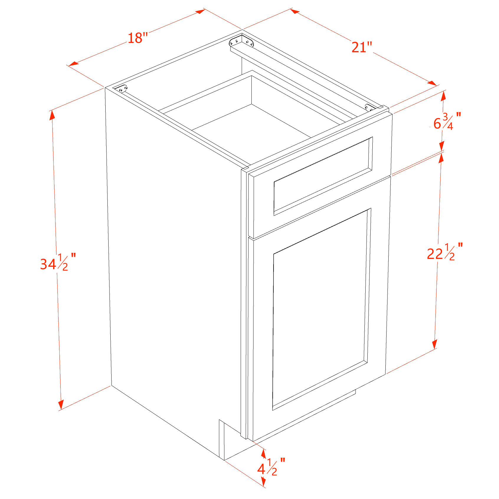 VB1821-SSW  Vanity Base Cabinet 1 Door & 1 Drawer - Slim Shaker Style - White   18"W x 34-1/2"H x 24"D