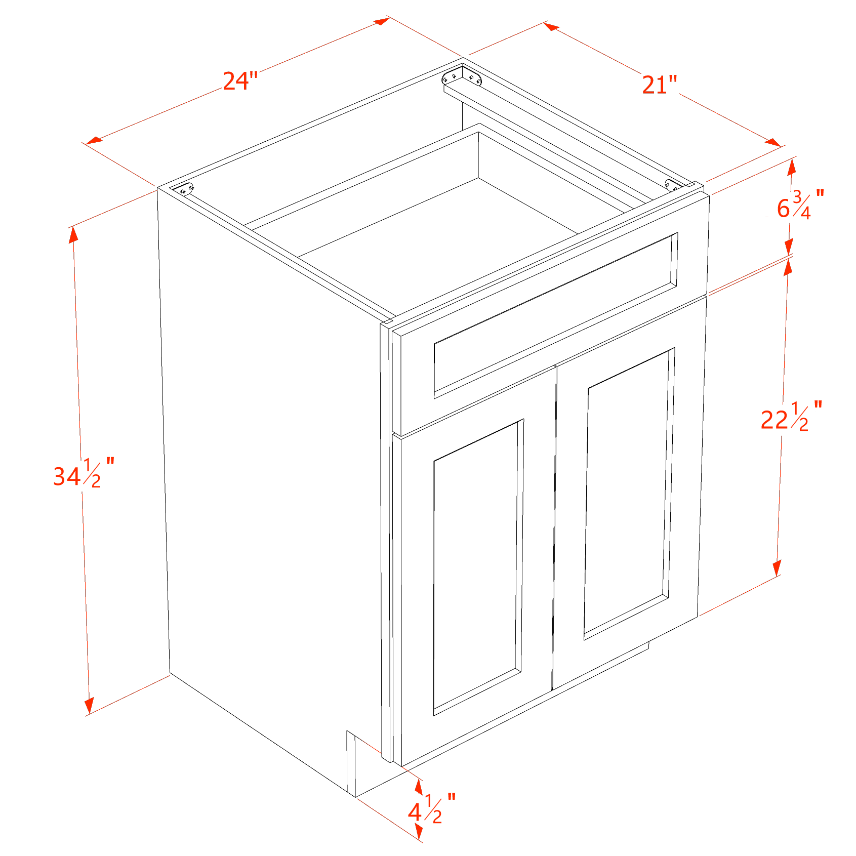 VB2421-SSAW  Vanity Base Cabinet 2 Doors & 1 Drawer - Shaker Style - Swan White   21"W x 34-1/2"H x 24"D