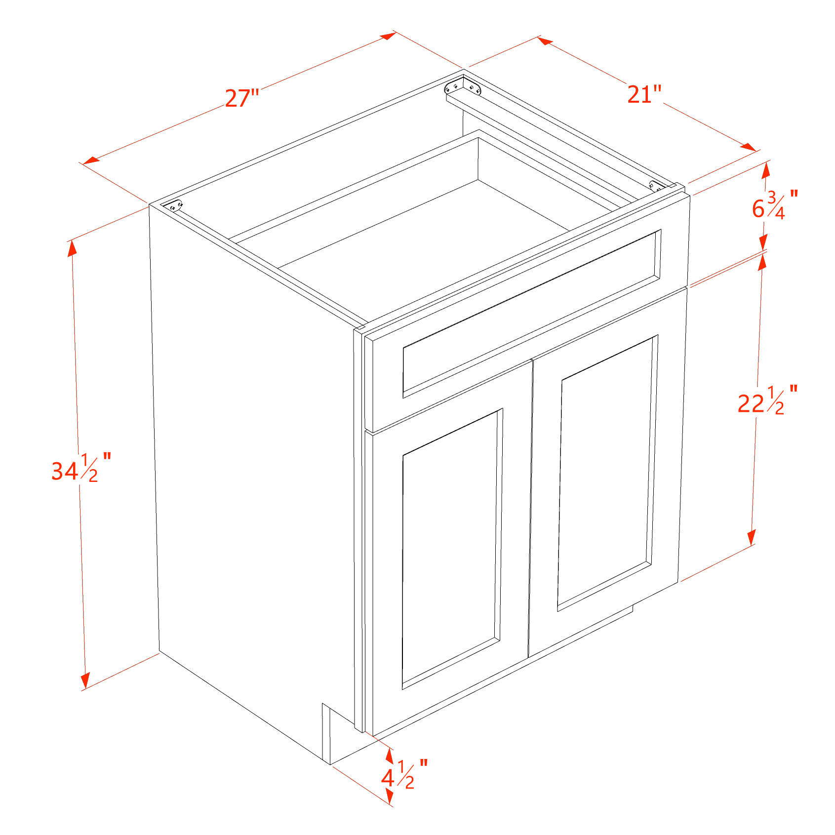 VB2721-SSAW  Vanity Base Cabinet 2 Doors & 1 Drawer - Shaker Style - Swan White   24"W x 34-1/2"H x 24"D