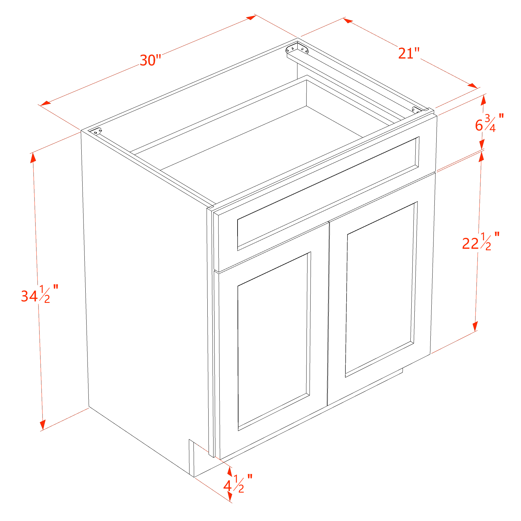 VB3021-SSW  Vanity Base Cabinet 2 Doors & 1 Drawer - Slim Shaker Style - White   30"W x 34-1/2"H x 24"D