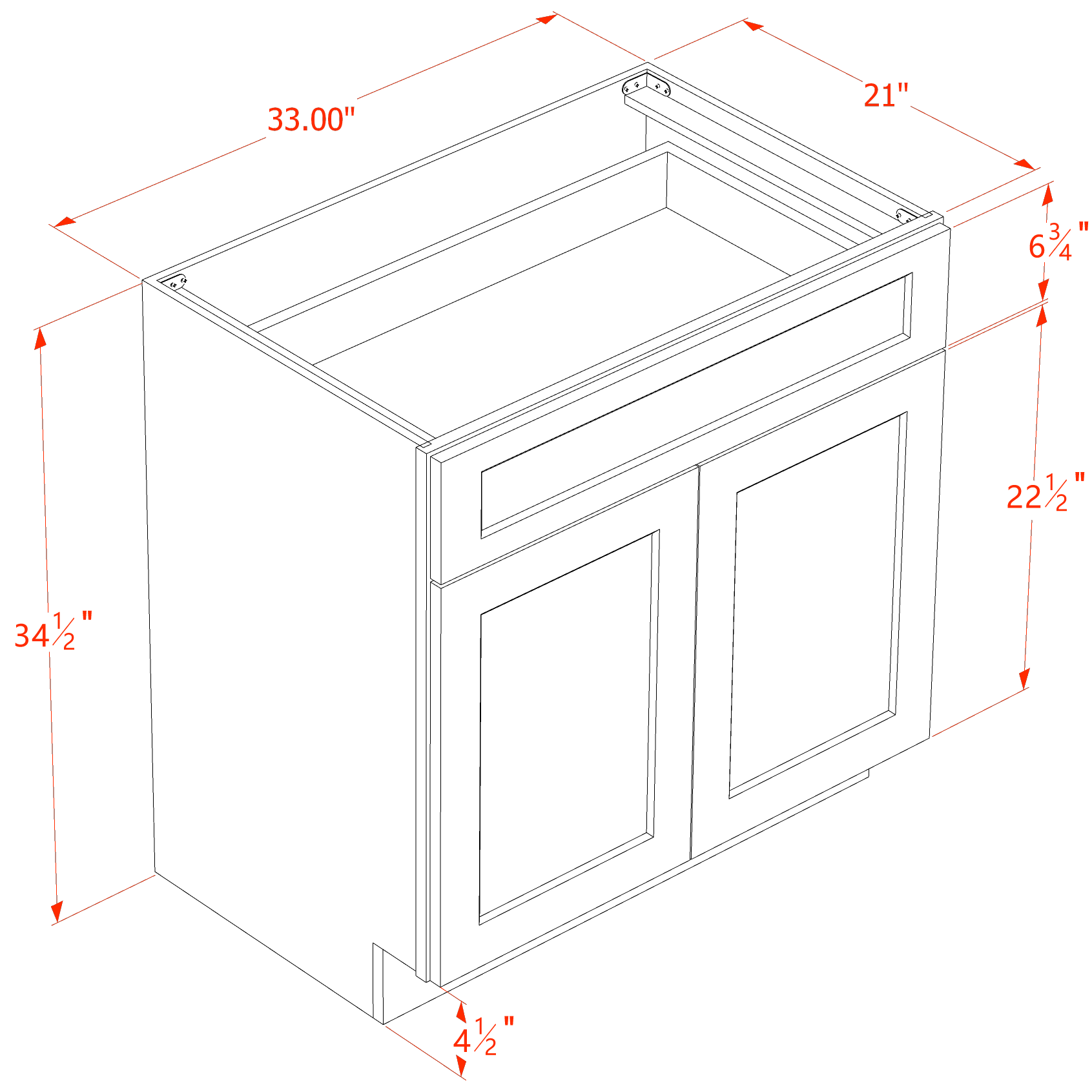 VB3321-SSW  Vanity Base Cabinet 2 Doors & 1 Drawer - Slim Shaker Style - White   33"W x 34-1/2"H x 24"D