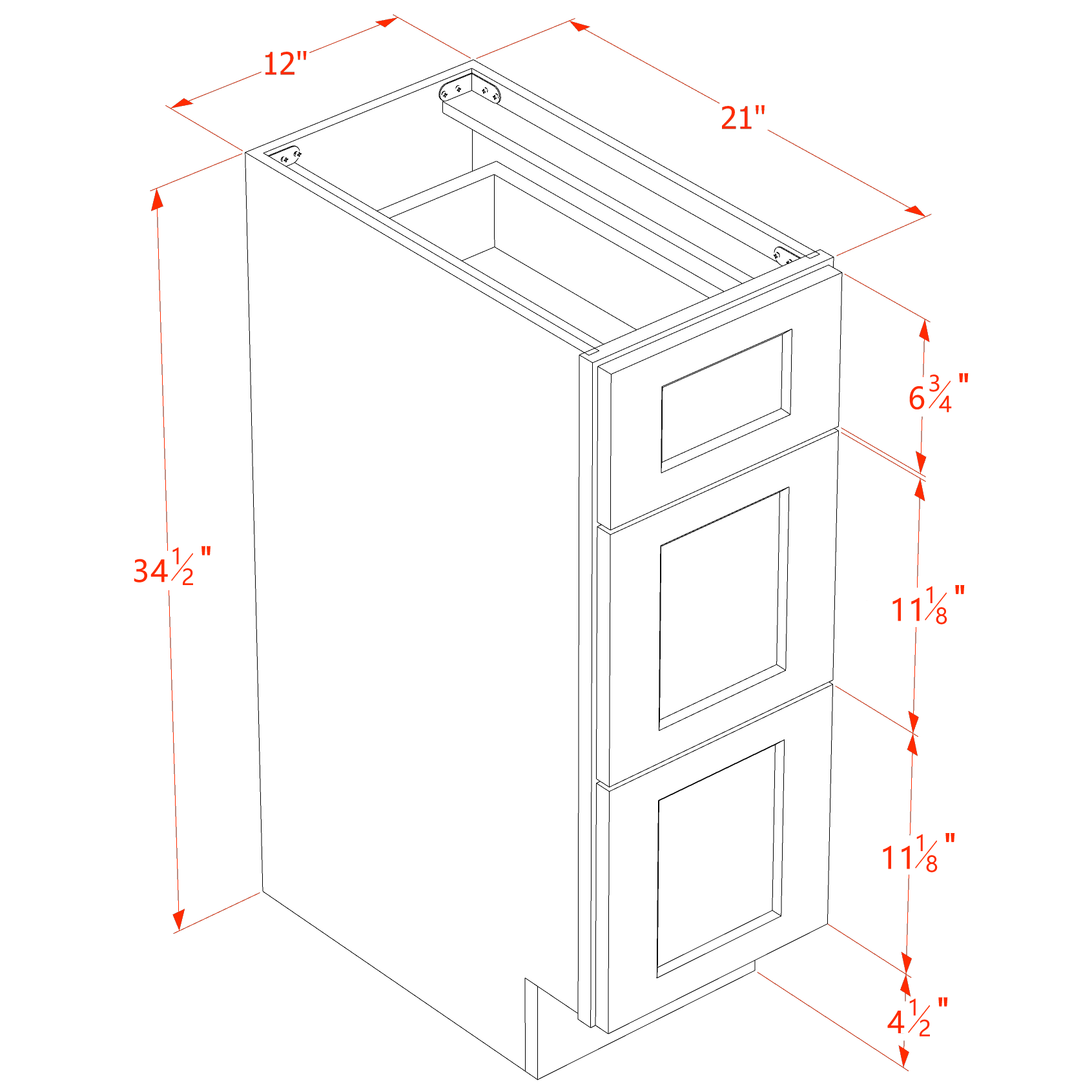 VDB1221-SSW  Vanity Base Cabinet 3 Drawers - Slim Shaker Style - White   12"W x 34-1/2"H x 21"D