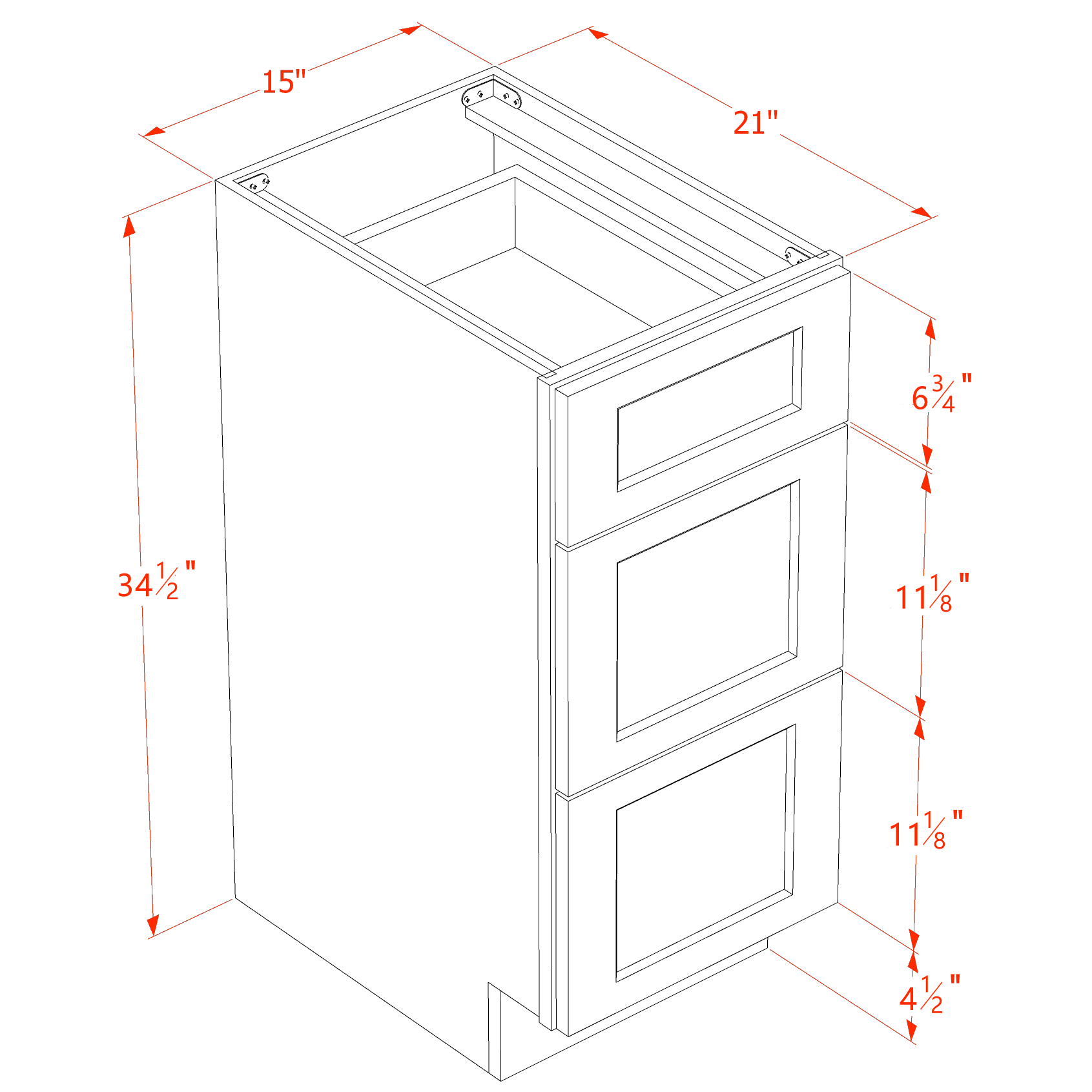 VDB1521-SSAW  Vanity Base Cabinet 3 Drawers - Shaker Style - Swan White   12"W x 34-1/2"H x 21"D