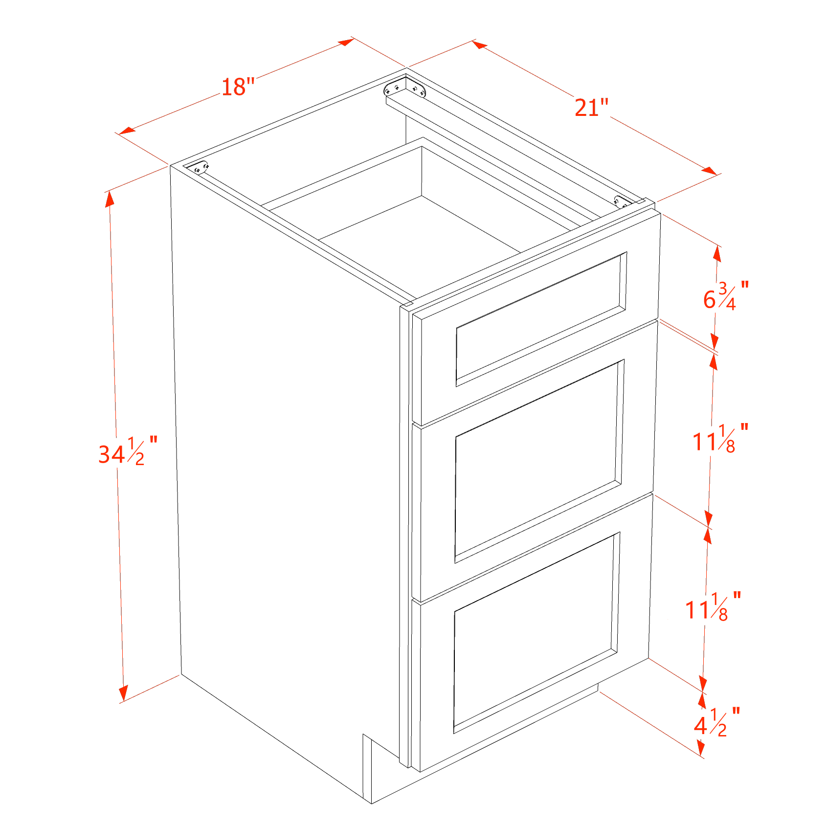 VDB1821-SSW  Vanity Base Cabinet 3 Drawers - Slim Shaker Style - White   18"W x 34-1/2"H x 21"D
