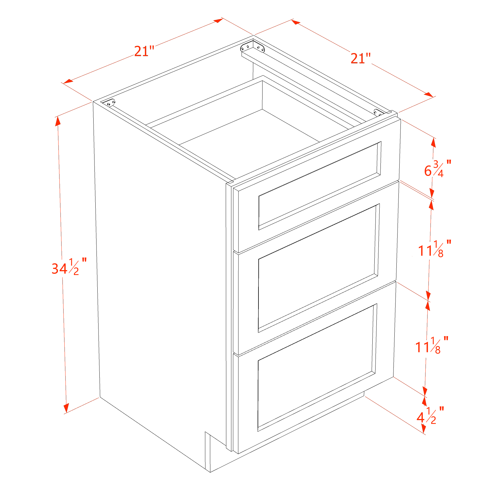 VDB2121-SSAW: Shaker Swan White 21"W x 34-1/2"H x 21"D  3 Drawers Vanity Base Cabinets
