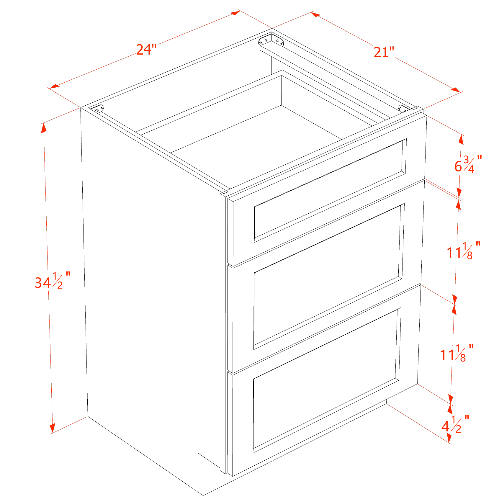 VDB2421-SSAW: Shaker Swan White 24"W x 34-1/2"H x 21"D  3 Drawers Vanity Base Cabinets