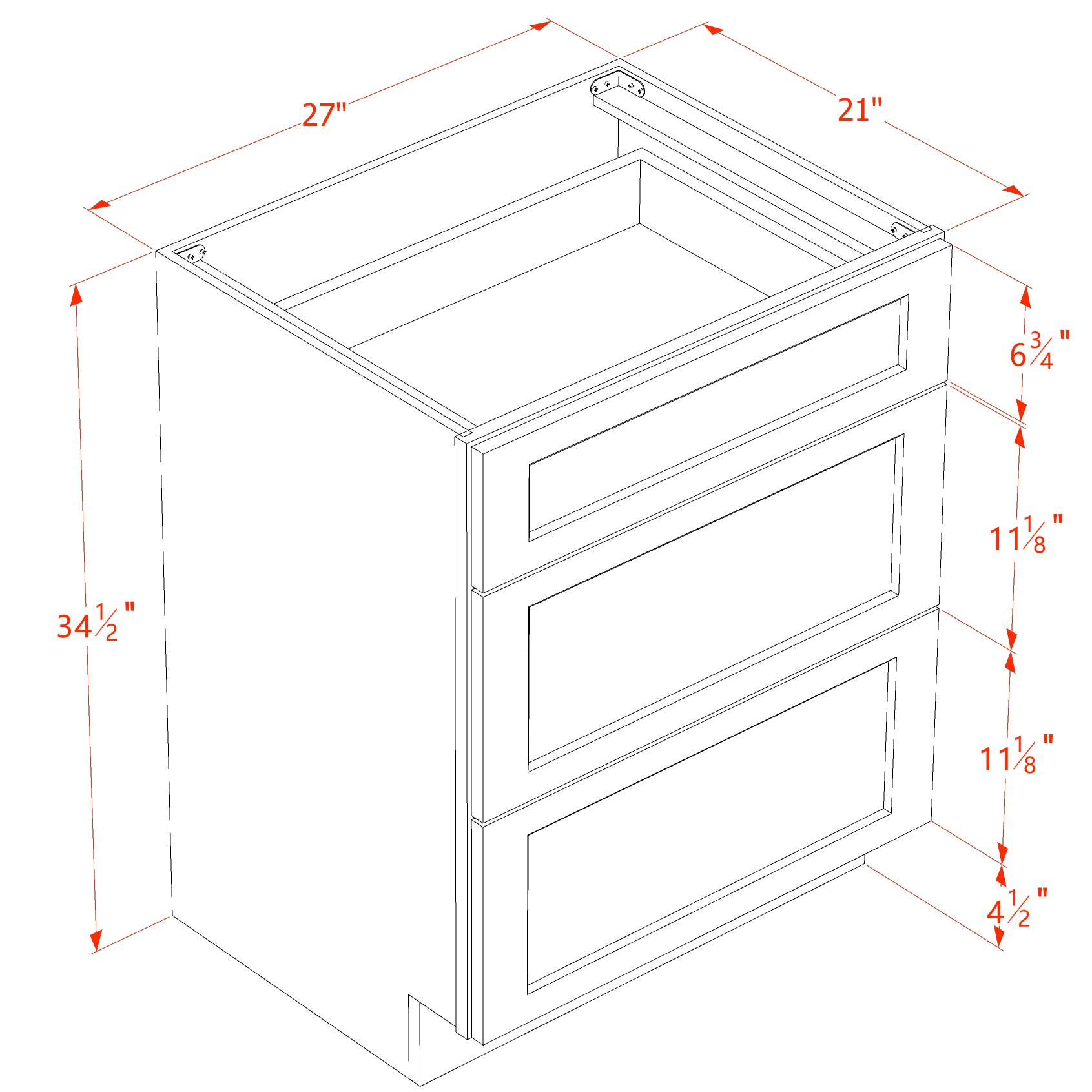 VDB2721-SSW  Vanity Base Cabinet 3 Drawers - Slim Shaker Style - White   27"W x 34-1/2"H x 21"D