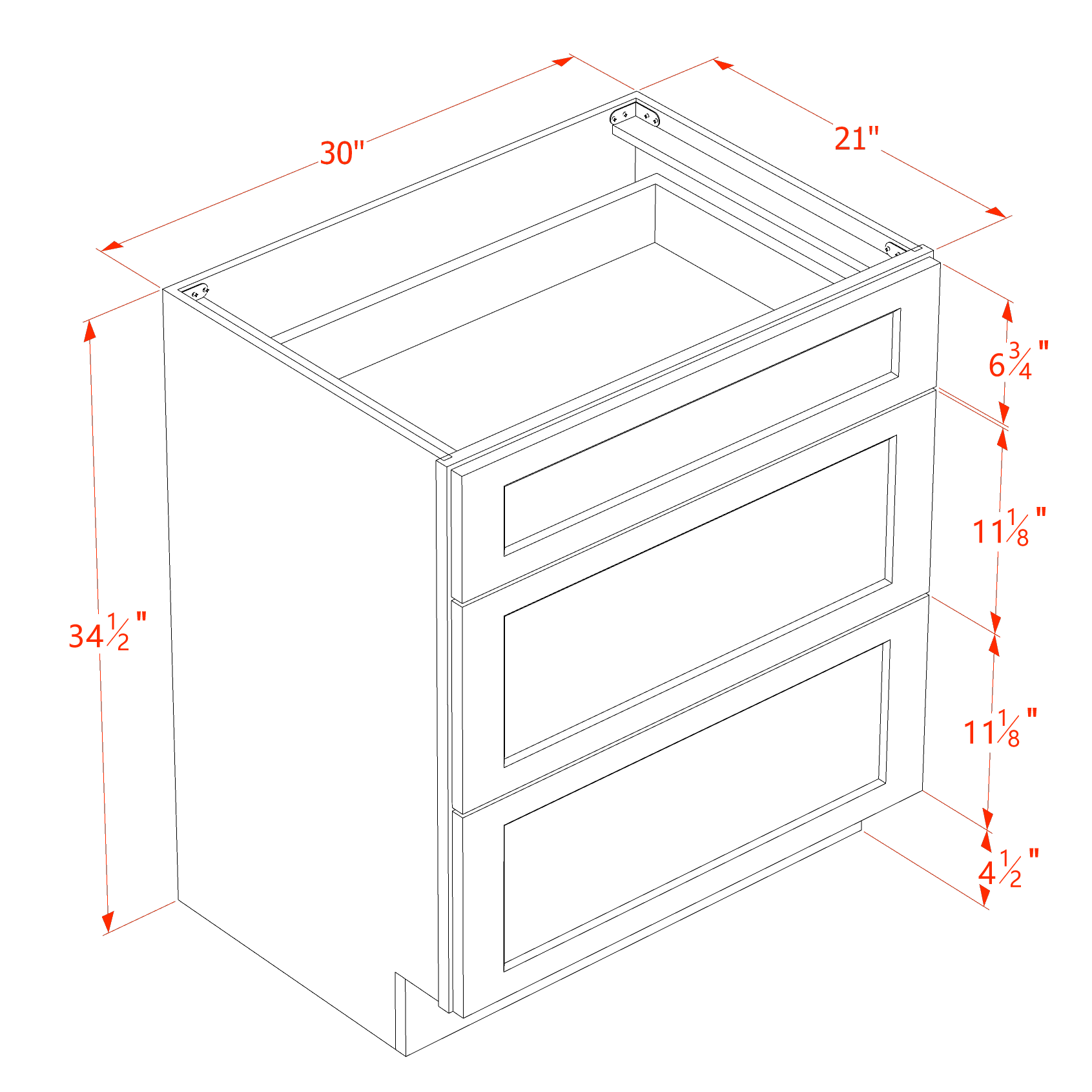 VDB3021-SSW  Vanity Base Cabinet 3 Drawers - Slim Shaker Style - White   30"W x 34-1/2"H x 21"D