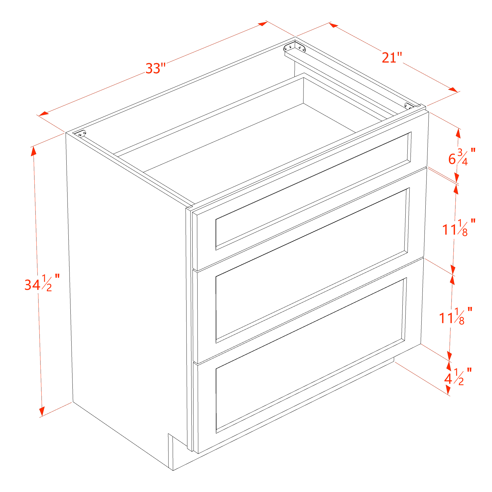 VDB3321-SSAW  Vanity Base Cabinet 3 Drawers - Shaker Style - Swan White   30"W x 34-1/2"H x 21"D