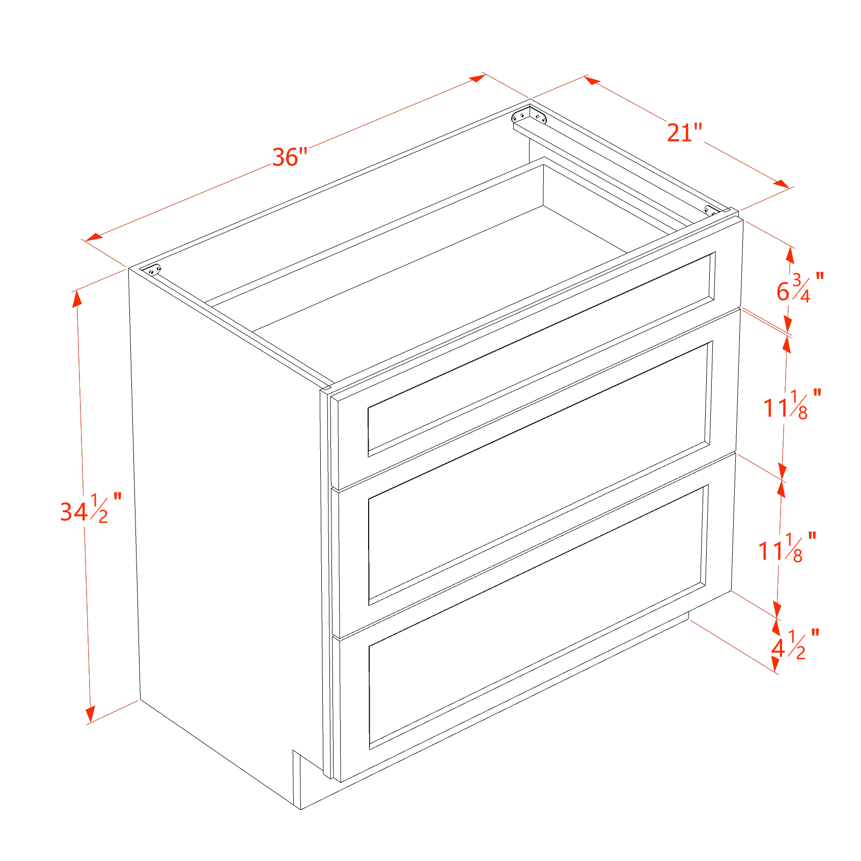 VDB3621-SSW  Vanity Base Cabinet 3 Drawers - Slim Shaker Style - White   36"W x 34-1/2"H x 21"D