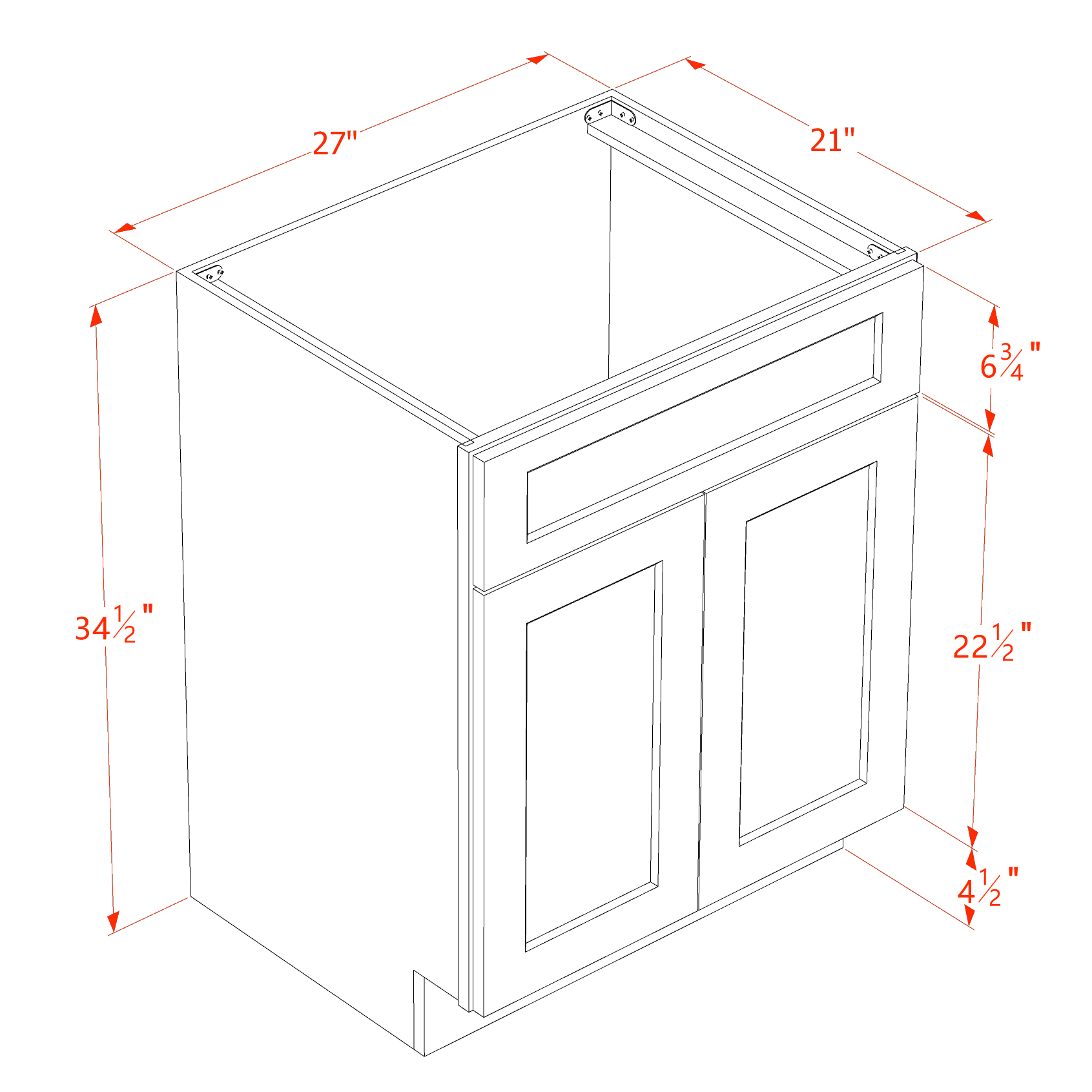 VSB2721-ST  Vanity Sink Base 1 False Drawer & 2 Doors - Shaker Style - Timber   27"W x 34-1/2"H x 21"D