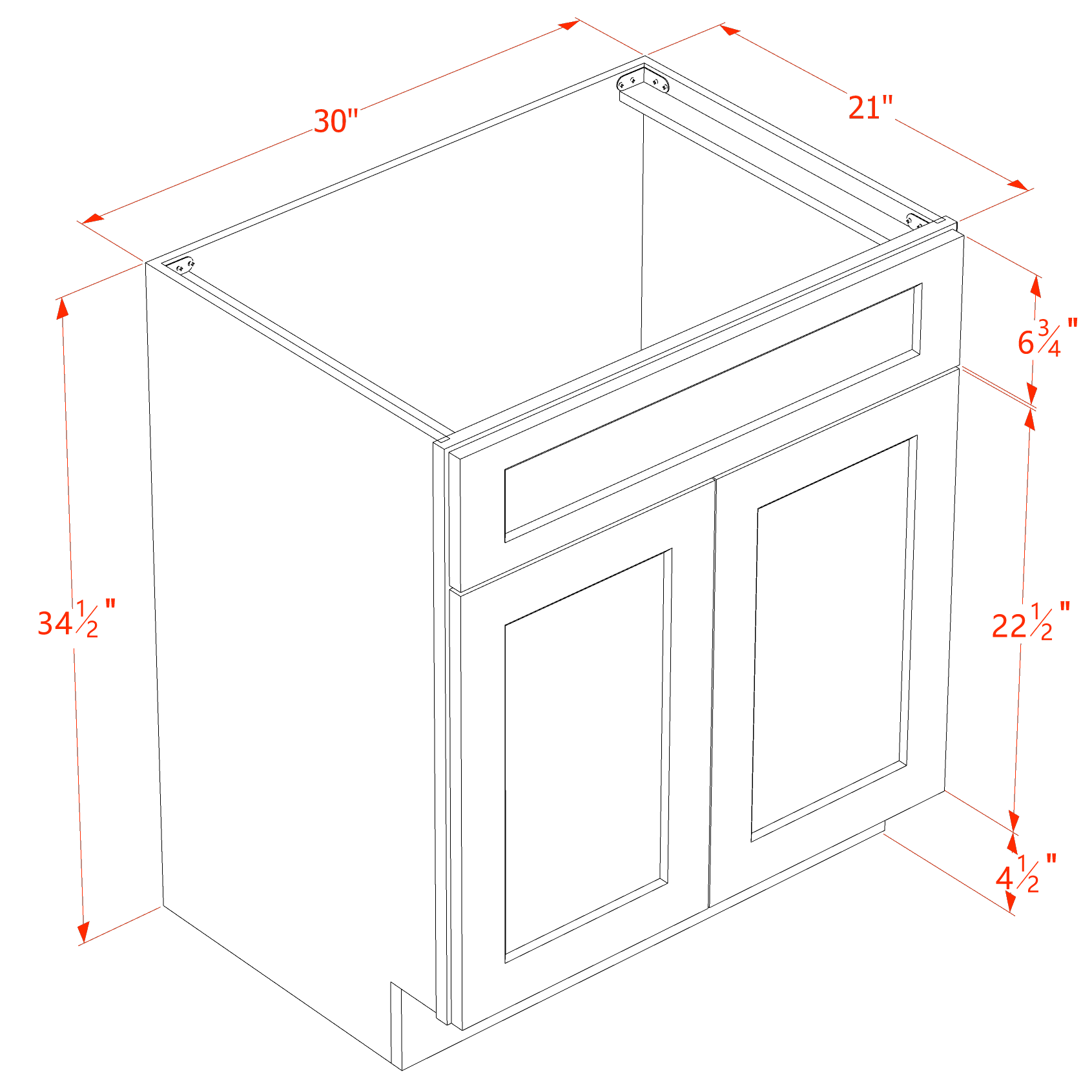 VSB3021-SSW  Vanity Sink Base 1 False Drawer & 2 Doors - Slim Shaker Style - White   30"W x 34-1/2"H x 21"D