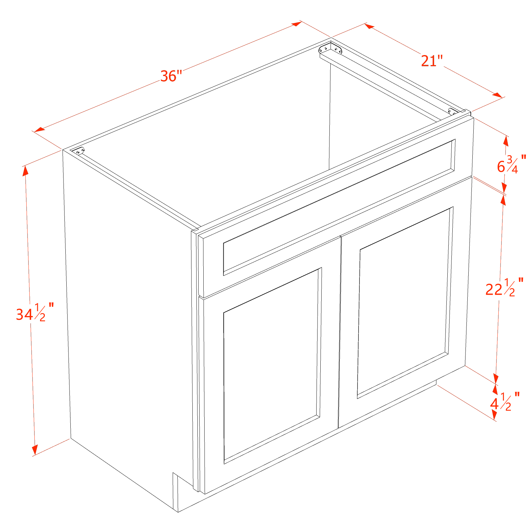 VSB3621-SSW: Slim Shaker White 36"W x 34-1/2"H x 21"D 2 Doors & 1 False Drawer Vanity Sink Base Cabinets