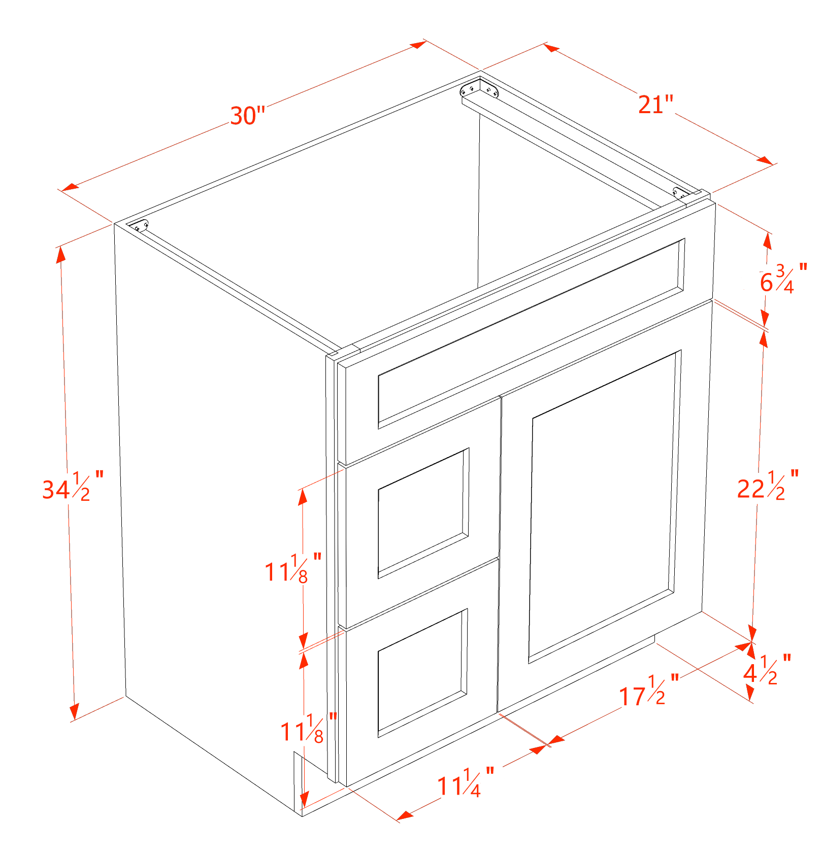 VSD3021L-SSE  Vanity Sink Base 2 Doors & 2 Left Drawers Offset - Slim Shaker Style - Espresso   30"W x 34-1/2"H x 21"D