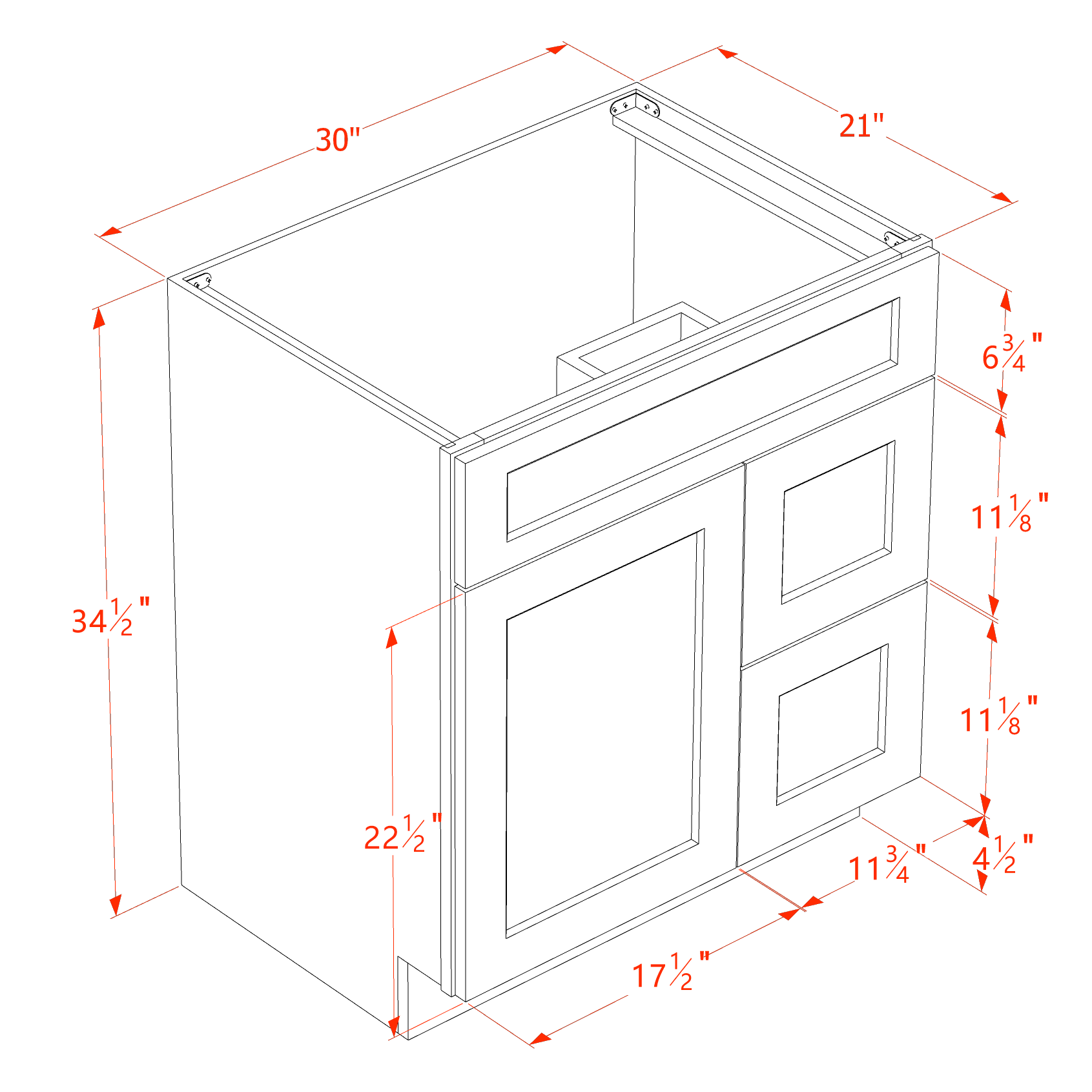 VSD3021R-SSE  Vanity Sink Base 2 Doors & 2 Right Drawers Offset - Slim Shaker Style - Espresso   30"W x 34-1/2"H x 21"D