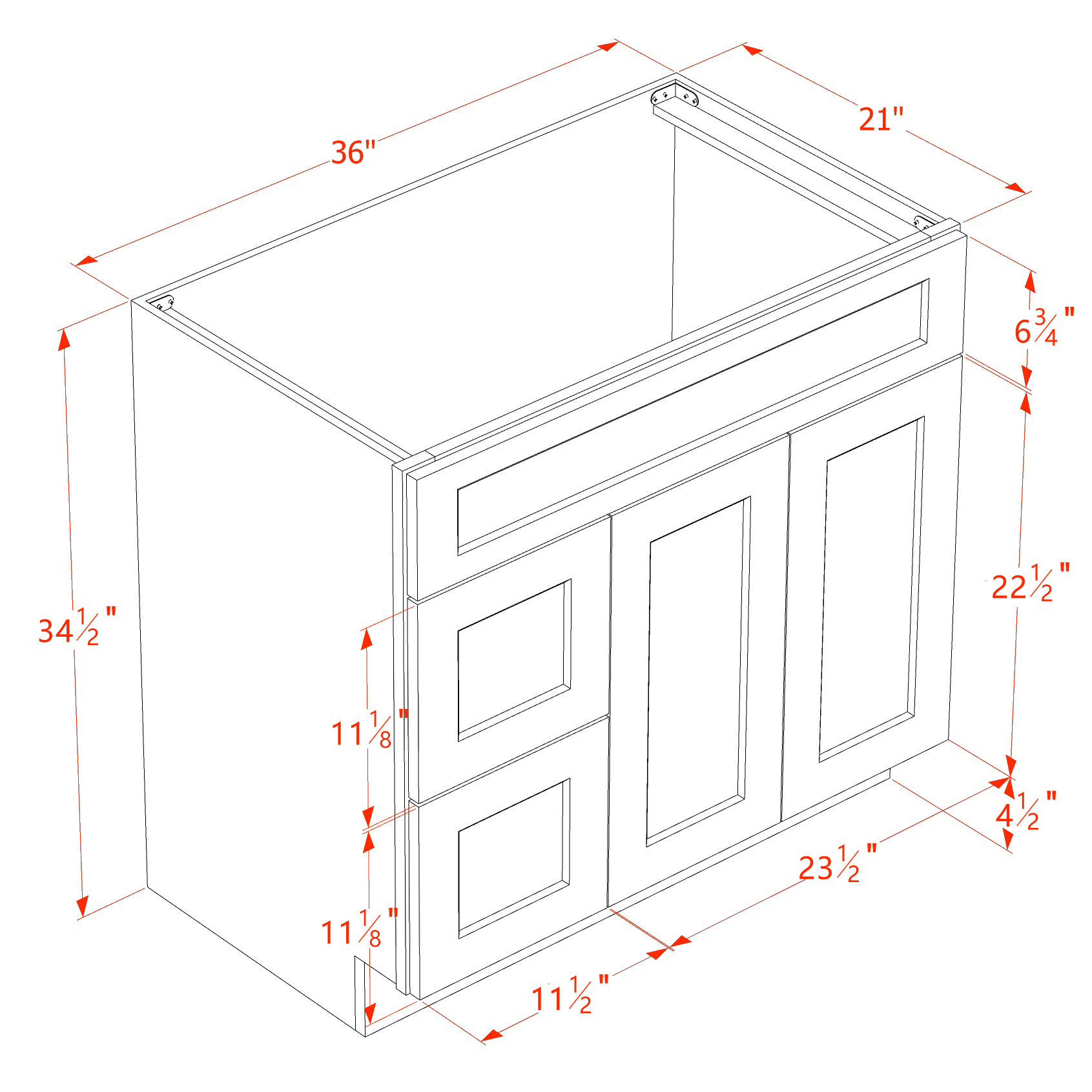 VSD3621L-SSW  Vanity Sink Base 2 Doors & 2 Left Drawers Offset - Slim Shaker Style - White   36"W x 34-1/2"H x 21"D