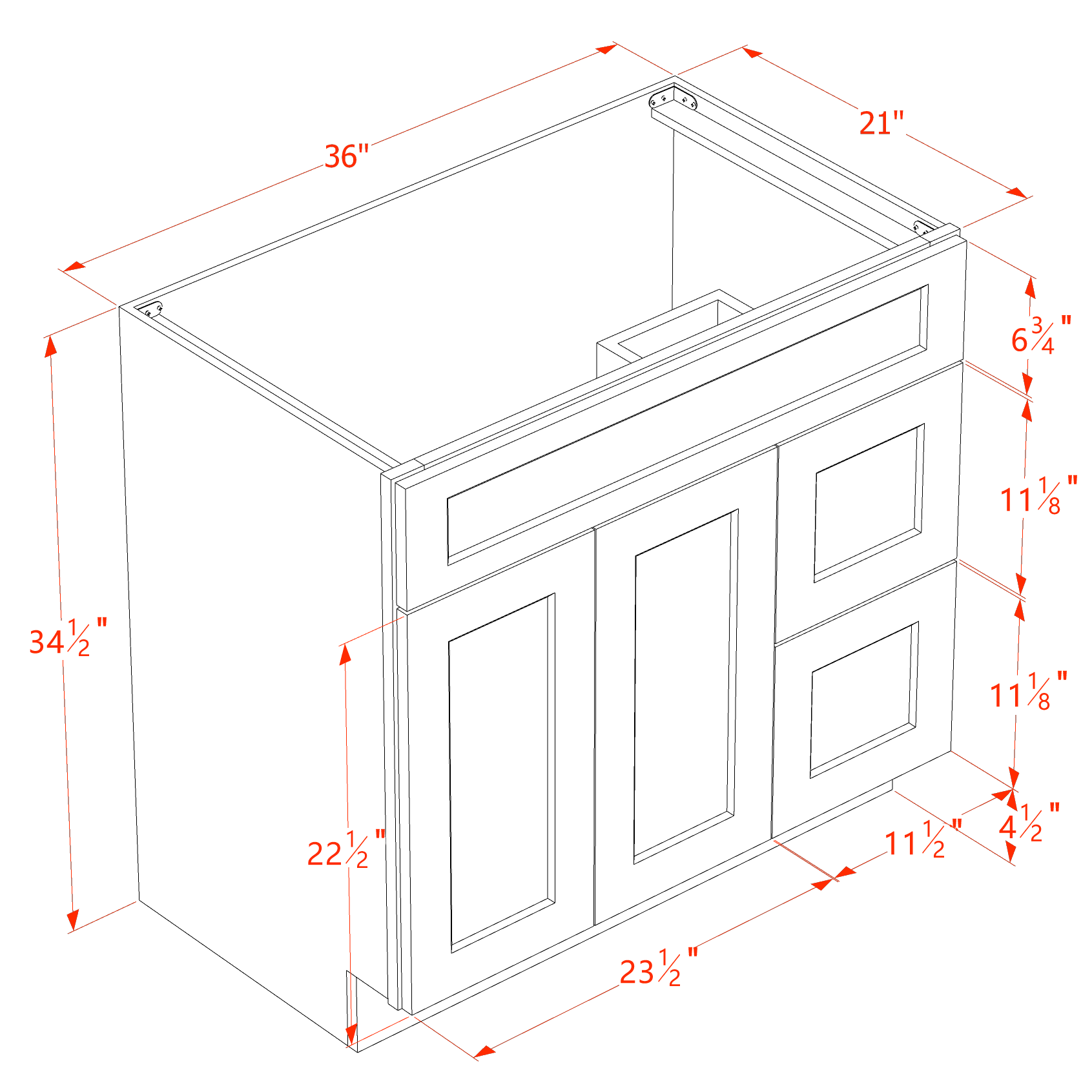 VSD3621R-ST  Vanity Sink Base 2 Doors & 2 Right Drawers Offset - Shaker Style - Timber   36"W x 34-1/2"H x 21"D
