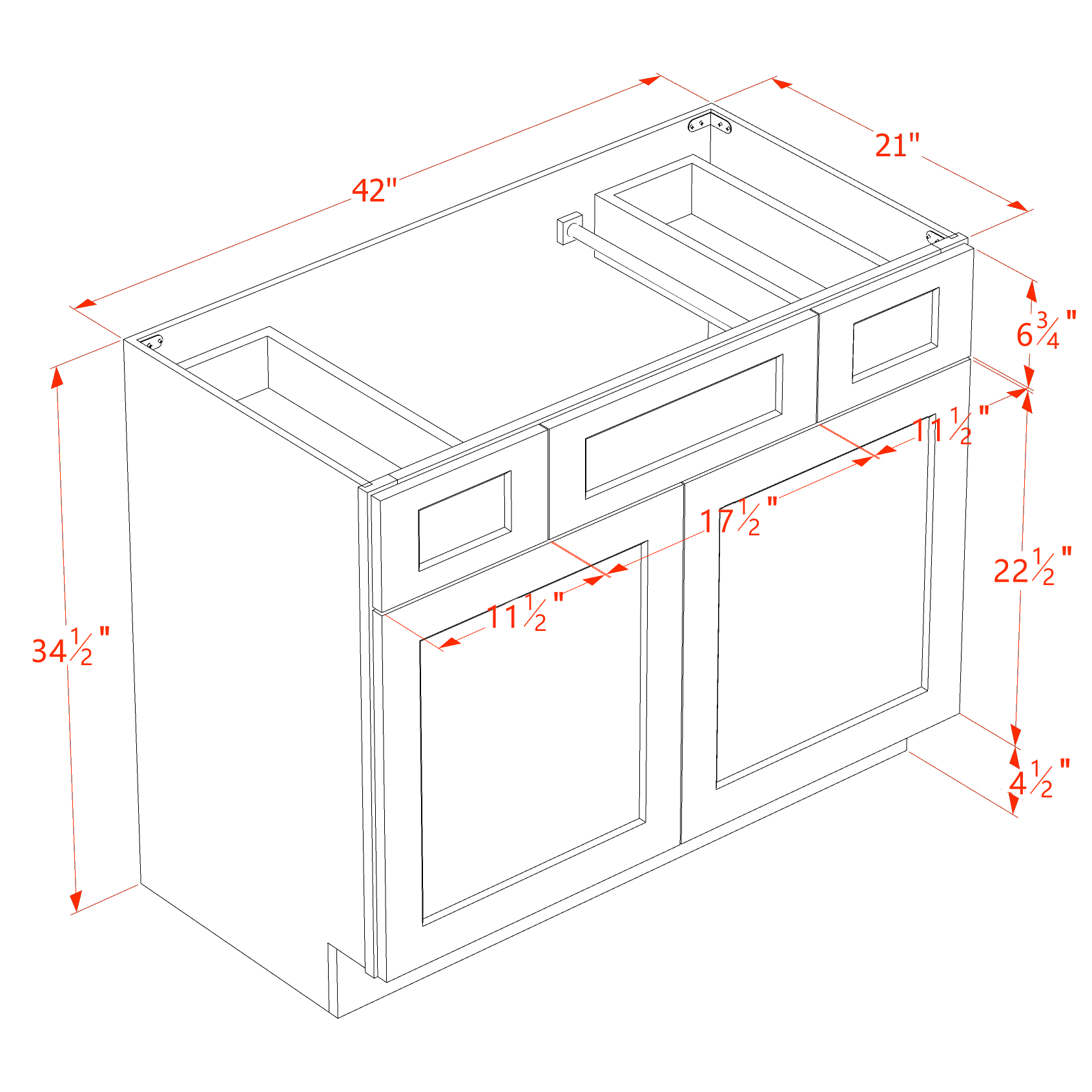 VSD4221-SSAW: Shaker Swan White  42"W x 34-1/2"H x 21"D 2 Doors, 2 Drawers & 1 False Drawer Centered Vanity Sink Base Cabinets