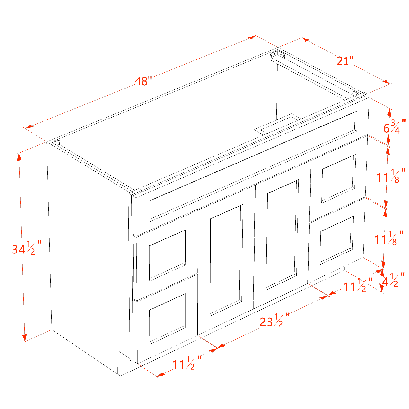 VSD4821-SSE  Vanity Sink Base 2 Doors 2 Drawers & 1 Centered False Drawer  - Slim Shaker Style - Espresso   48"W x 34-1/2"H x 21"D