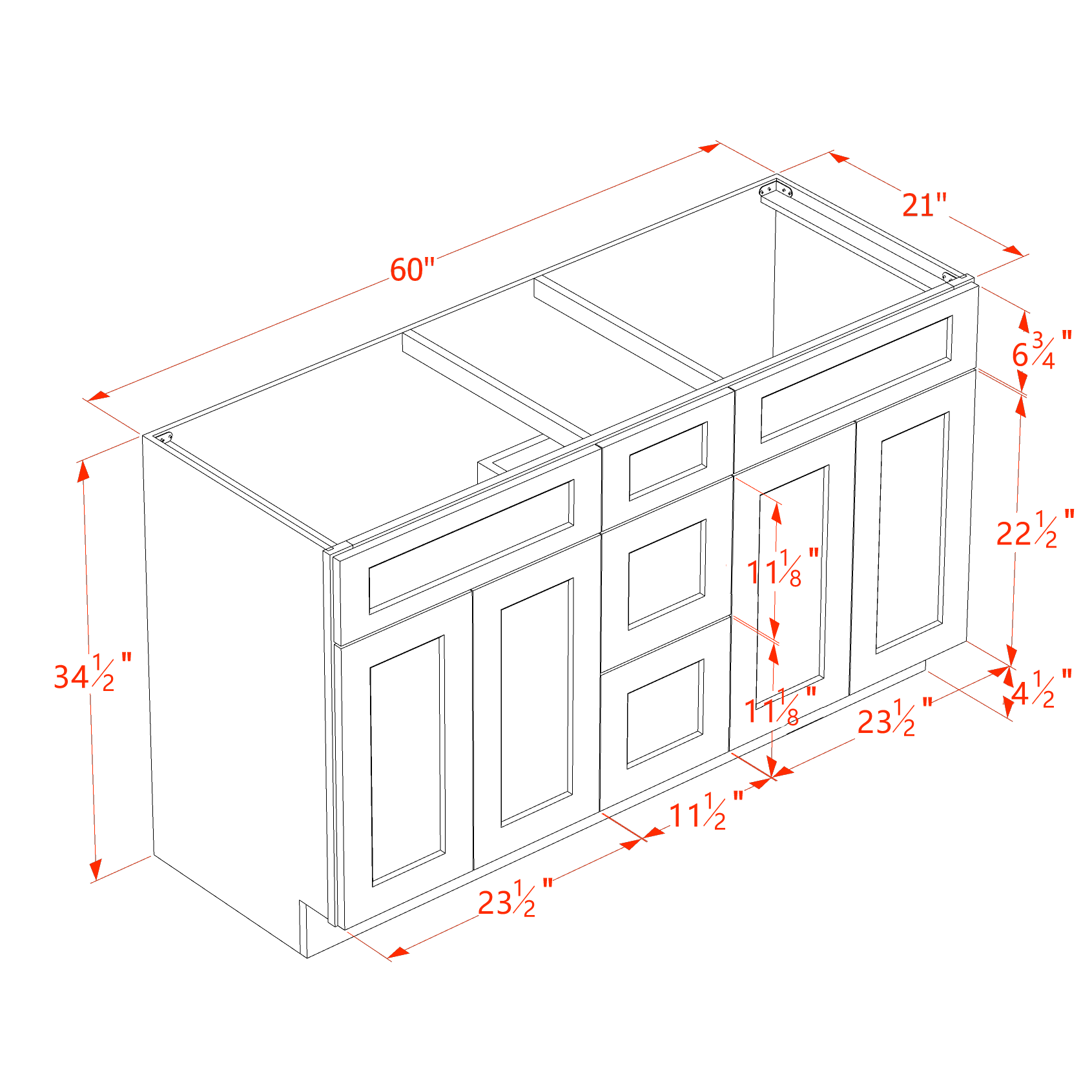 VSD60DOUBLEE-SSAW: Shaker Swan White 60"W x 34-1/2"H x 21"D 4 Doors, 3 Drawers & 2 False Drawers Double Sink Vanity Base Combo Cabinets