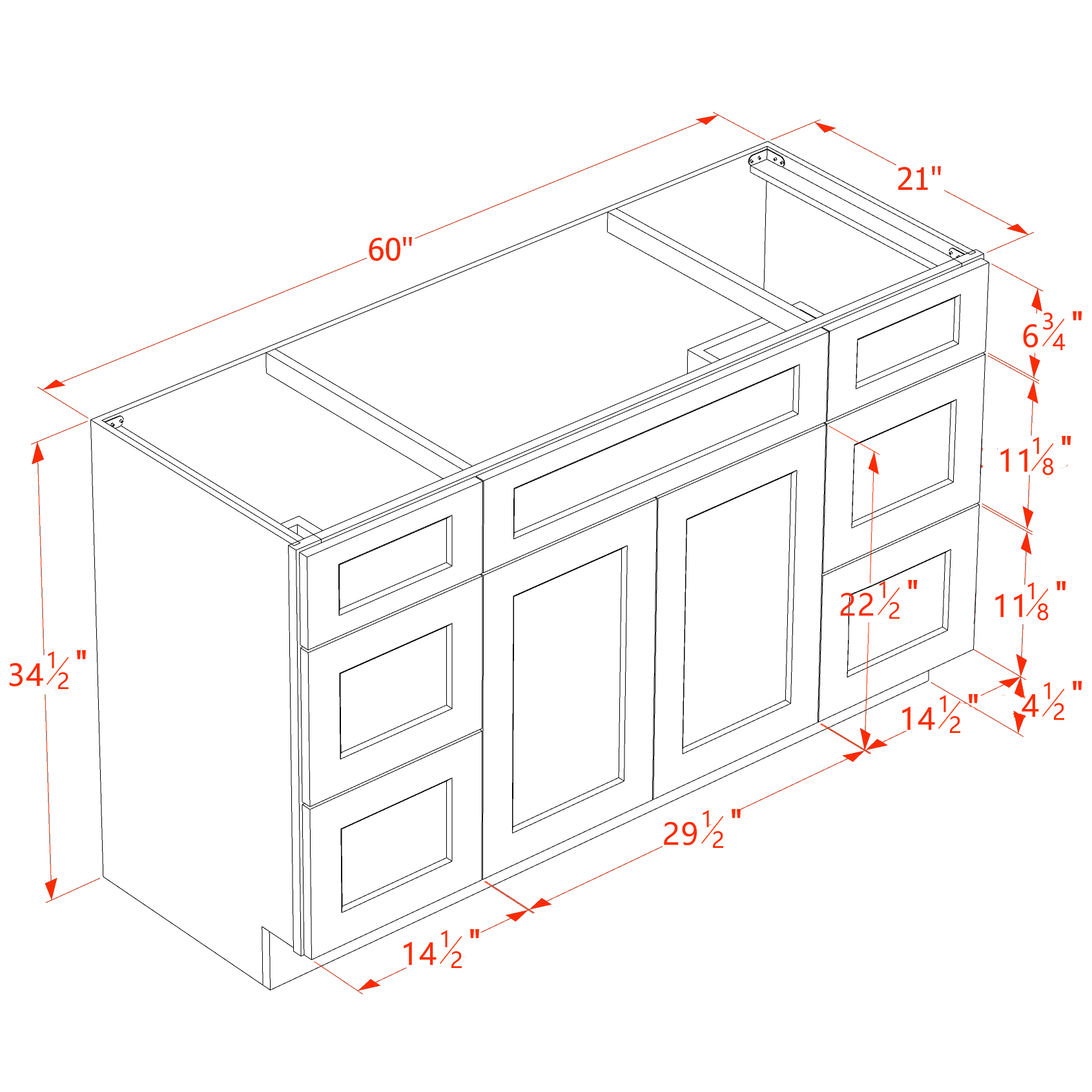 VSD60SINGLE-SSW  Vanity Sink Base Combo Cabinet  4 Doors 3 Drawers & 2 False Drawers Single Vanity - Slim Shaker Style - White   60"W x 34-1/2"H x 21"D