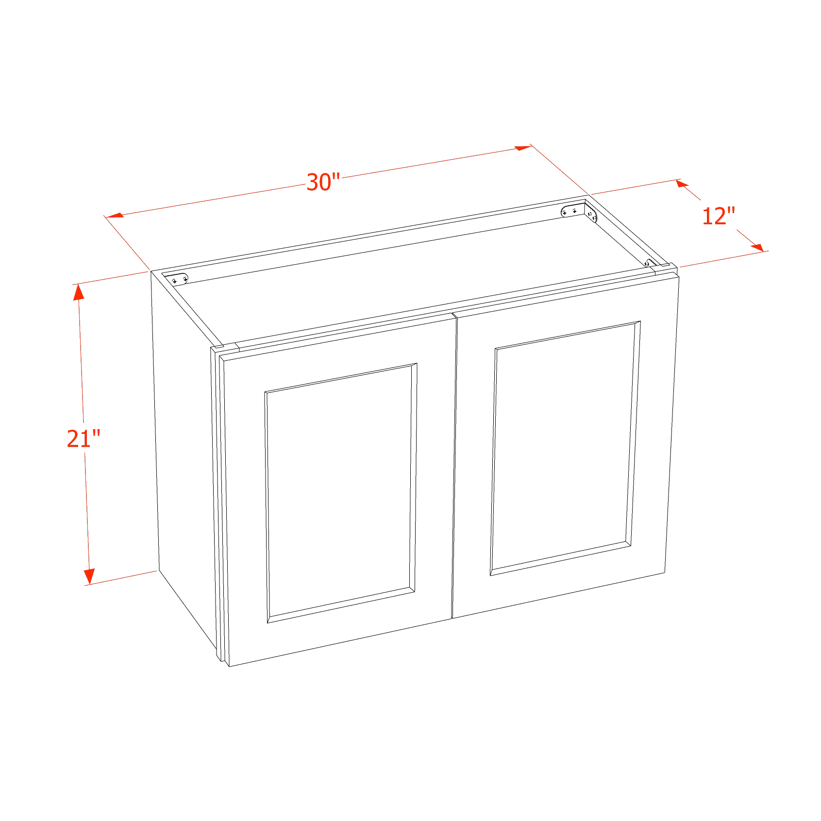 W3021-SSW  Wall Cabinet 2 Doors & 2 Shelves - Slim Shaker Style - White   30"W x 21"H x 12"D