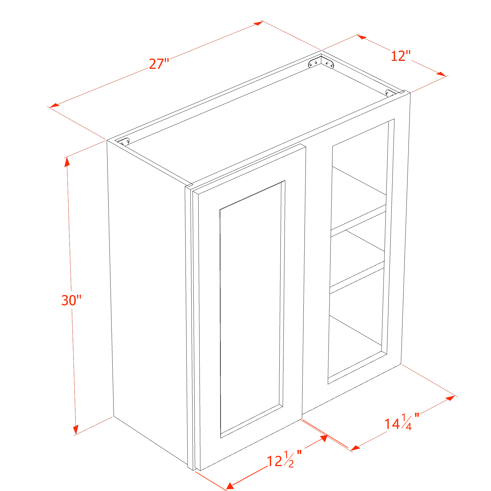 WBC2730-SSAW  Wall Blind Corner Cabinet 1 Door & 2 Shelves - Shaker Style - Swan White   12"W x 42"H x 12"D