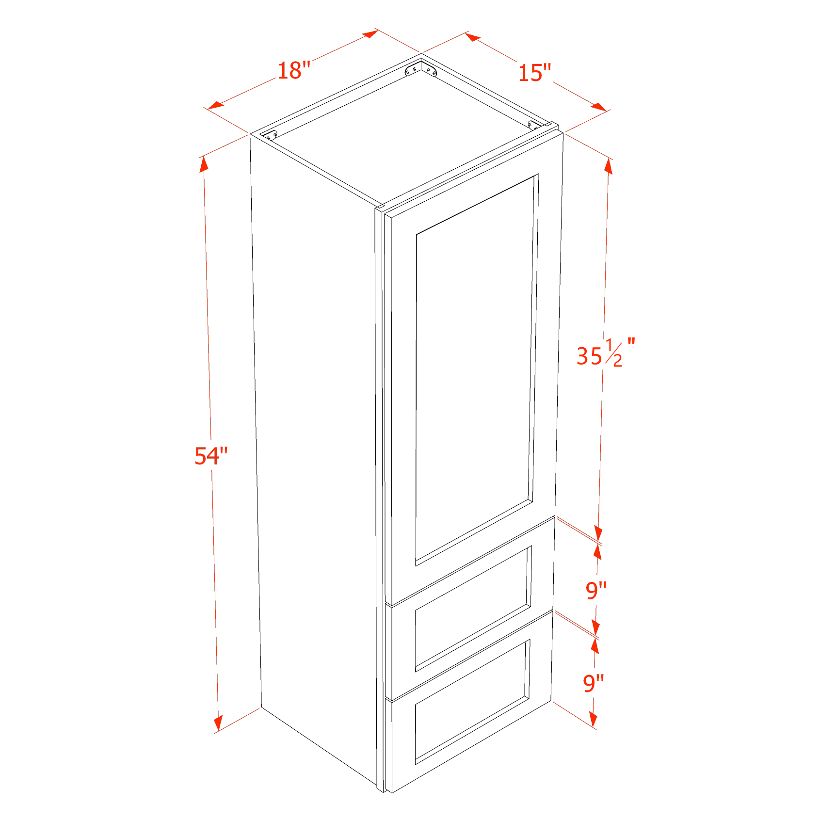 WD1854-SSE  Diagonal Wall Corner Cabinet 1 Door & 2 Shelves - Slim Shaker Style - Espresso   18'W x 54"H x 15"D