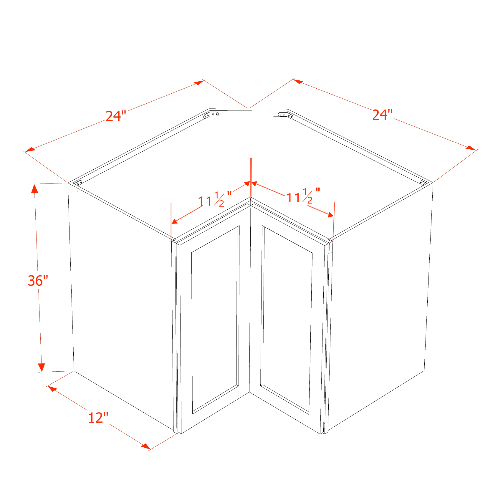 WPC2436-SSW  Wall Corner Cabinet Pie Cut  1 Door & 2 Shelves  - Slim Shaker Style - White   11-1/2" X 11-1/2" x 36"H x 24"D
