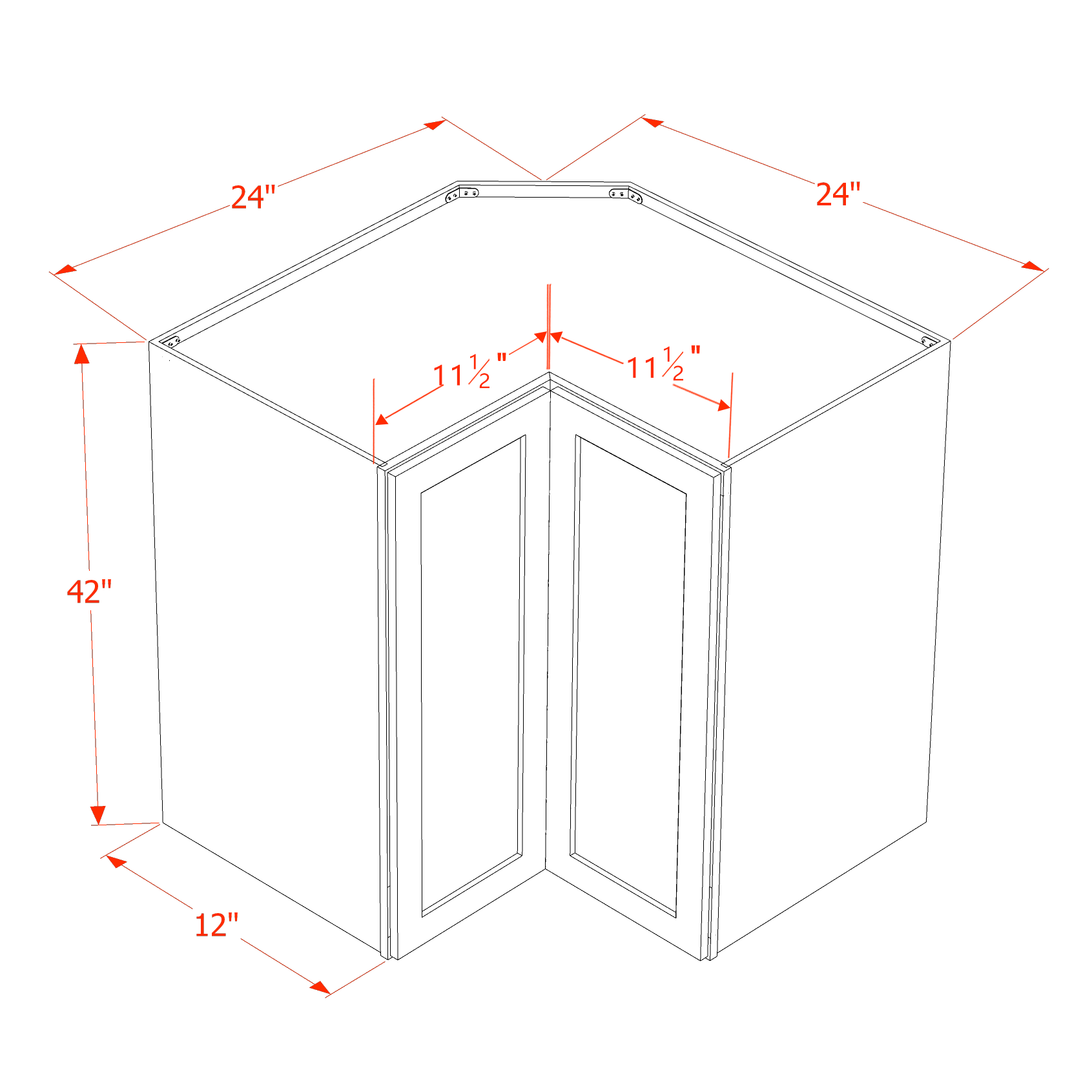 WPC2442-ST  Wall Corner Cabinet Pie Cut  1 Door & 2 Shelves  - Shaker Style - Timber   11-1/2" X 11-1/2" x 42"H x 24"D