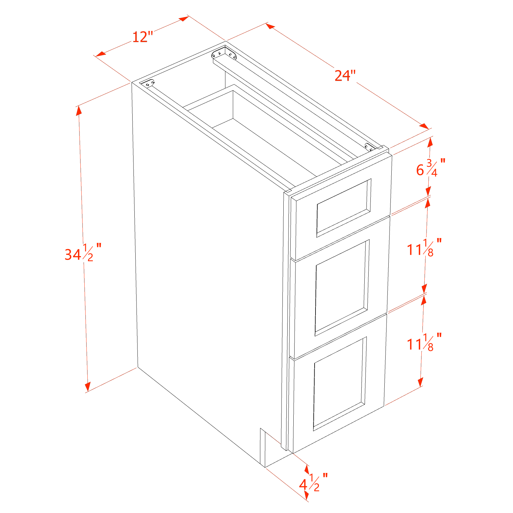 DB12-SLG: Shaker Light Grey 12" 3 Drawers Base Cabinet