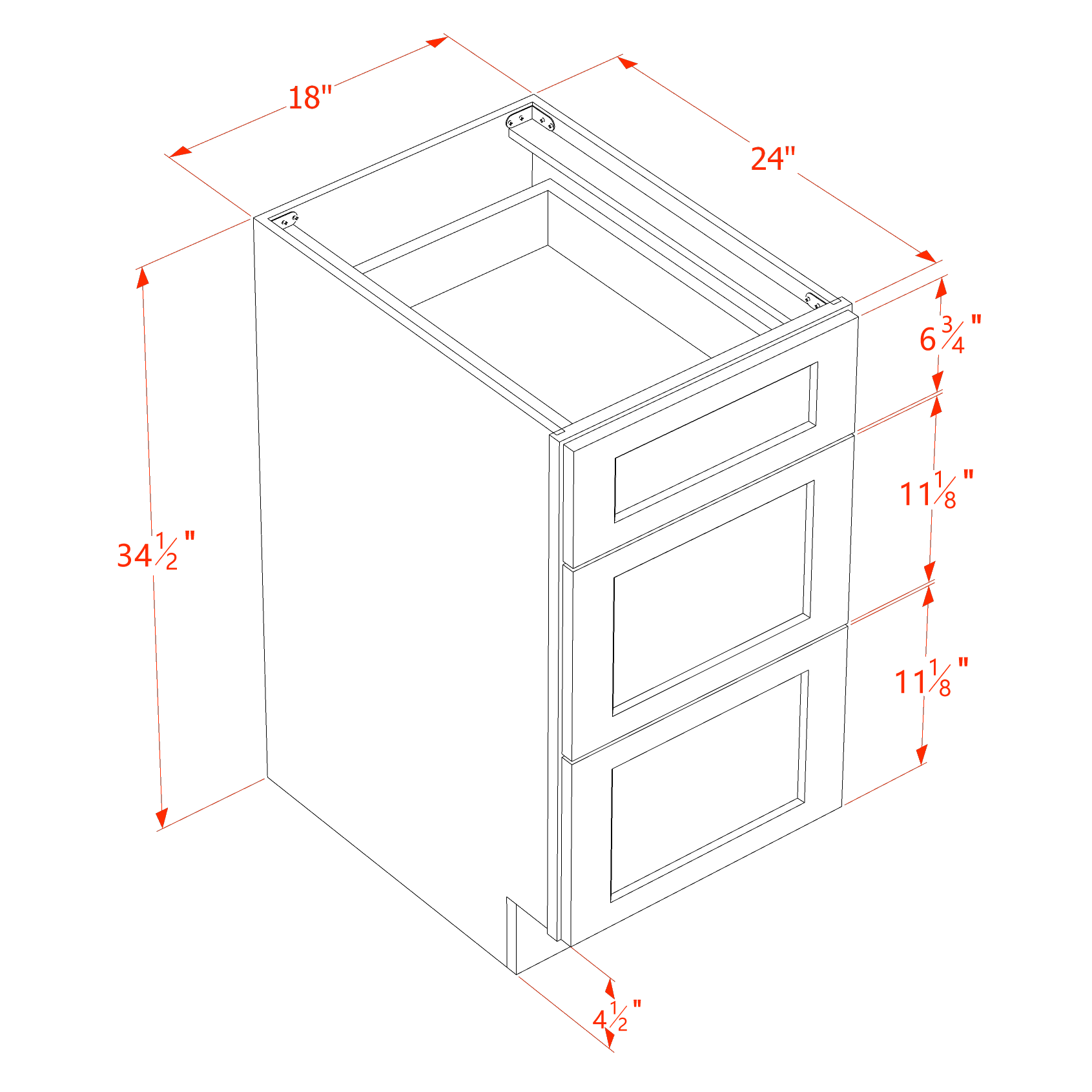 DB18-SLG: Shaker Light Grey 18" 3 Drawers Base Cabinet