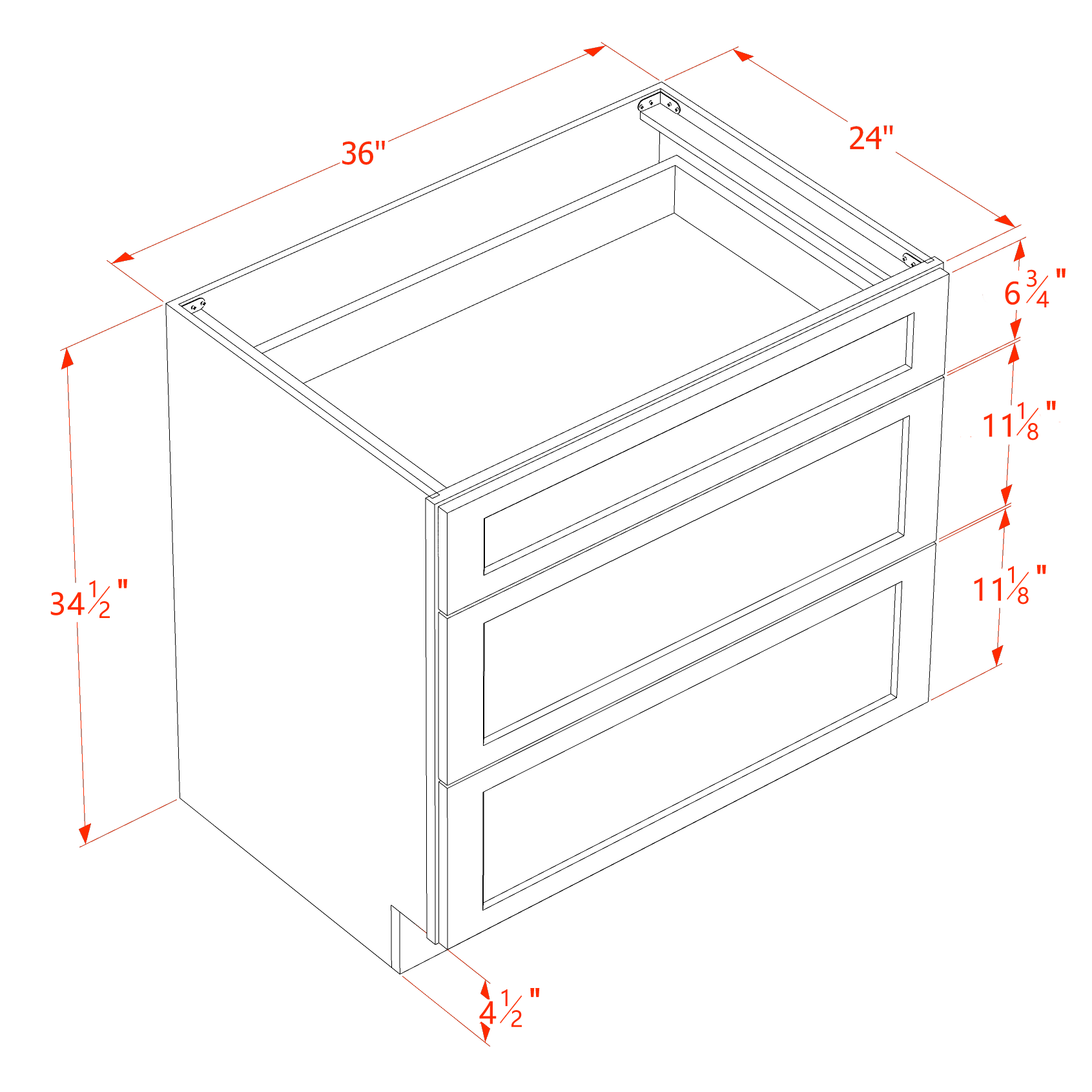 DB36-SLG: Shaker Light Grey 36" 3 Drawers Base Cabinet