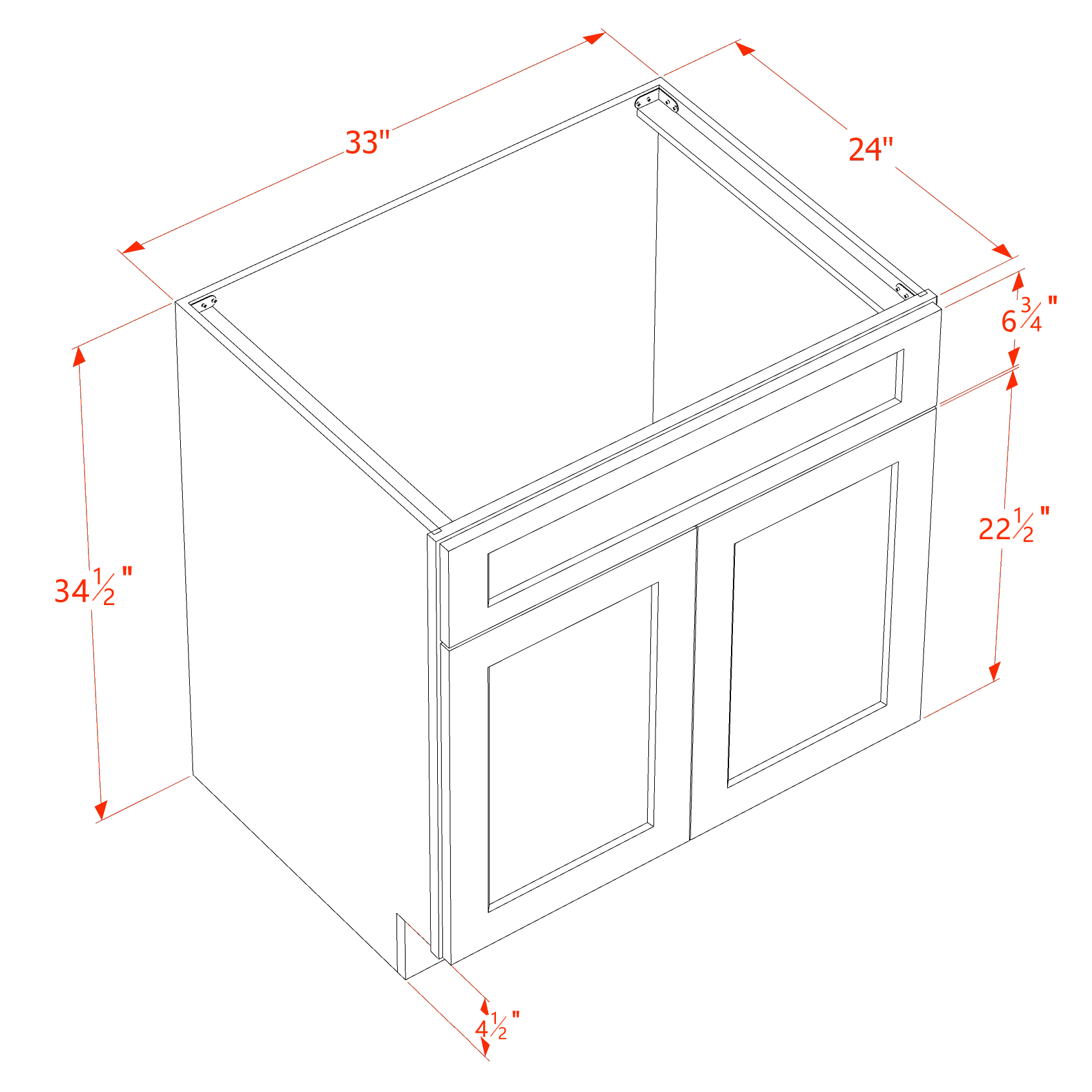 SB33-SLG  Sink Base Cabinet 2 Door 2 False Drawer  - Shaker Style - Light Grey   33"W x 34-1/2"H x 24"D