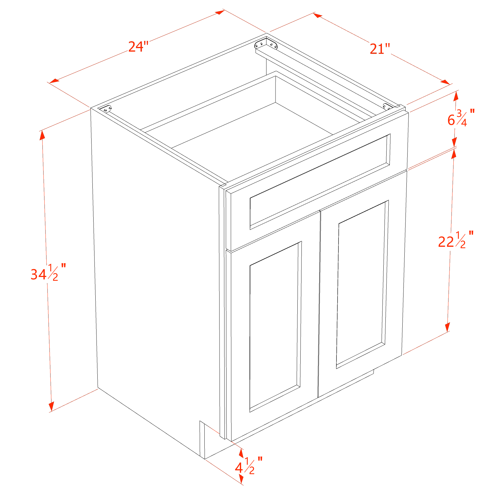 VB2421-SLG: Shaker Light Grey 24"W x 34-1/2"H x 21"D 2 Doors & 1 Drawer Double Door Vanity Base Cabinets
