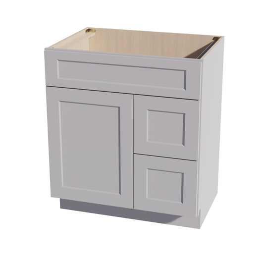 VSD3021R-SLG: Shaker Light Grey 30"W x 34-1/2"H x 21"D 1 Door & 2 Right Drawers Offset Vanity Sink Base Cabinets