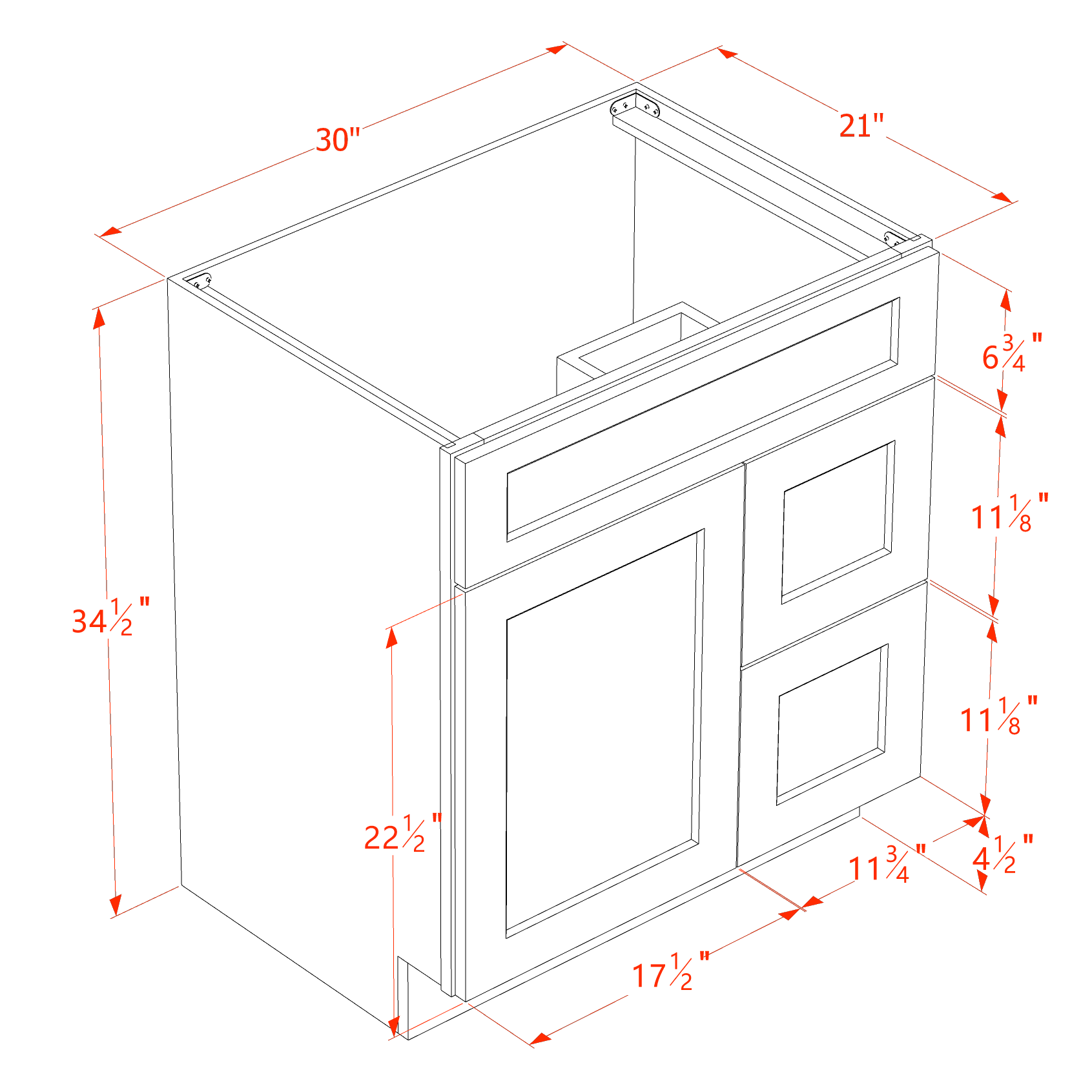 VSD3021R-SLG  Vanity Sink Base 2 Doors & 2 Right Drawers Offset - Shaker Style - Light Grey   30"W x 34-1/2"H x 21"D