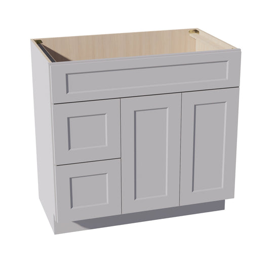 VSD3621L-SLG: Shaker Light Grey 36"W x 34-1/2"H x 21"D 2 Doors & 2 Left Drawers Offset Vanity Sink Base Cabinets